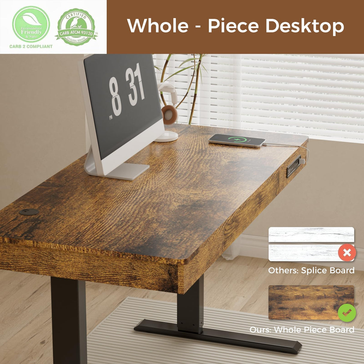 ADOFFUR Standing Desk with Drawer, 55 x 24 Inch Electric Standing Desk Adjustable Height Desk, Black Stand up Desk with One-Piece Brown Desktop, Wheels, Memory Presets, USB Ports for Home Office ADOFFUR