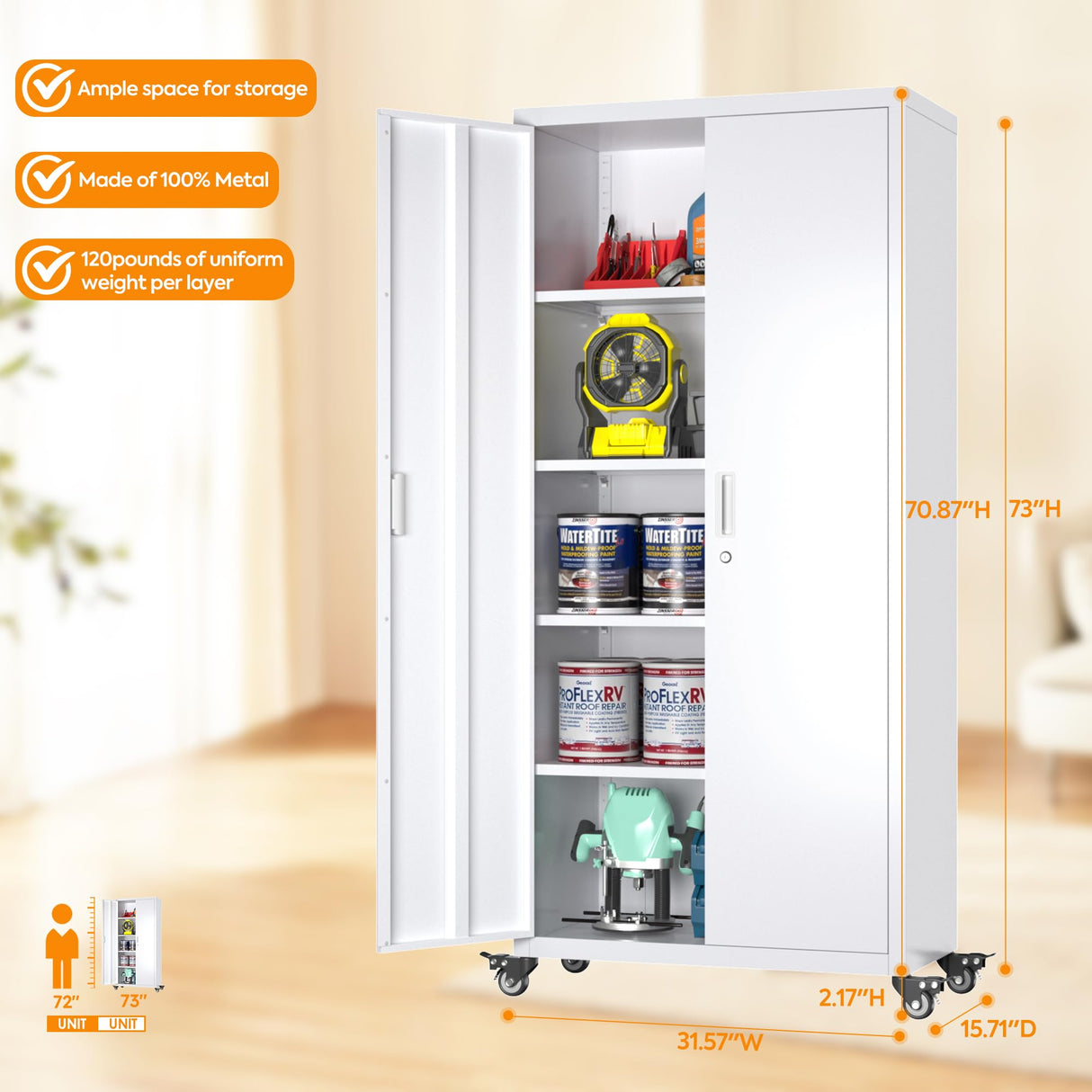 Aobabo 73" H 2 Door Metal Storage Cabinet on Wheels,Lockable Steel Rolling Garage Storage Cabinet with 4 Adjustable Shelves,White, Assembly Required Aobabo