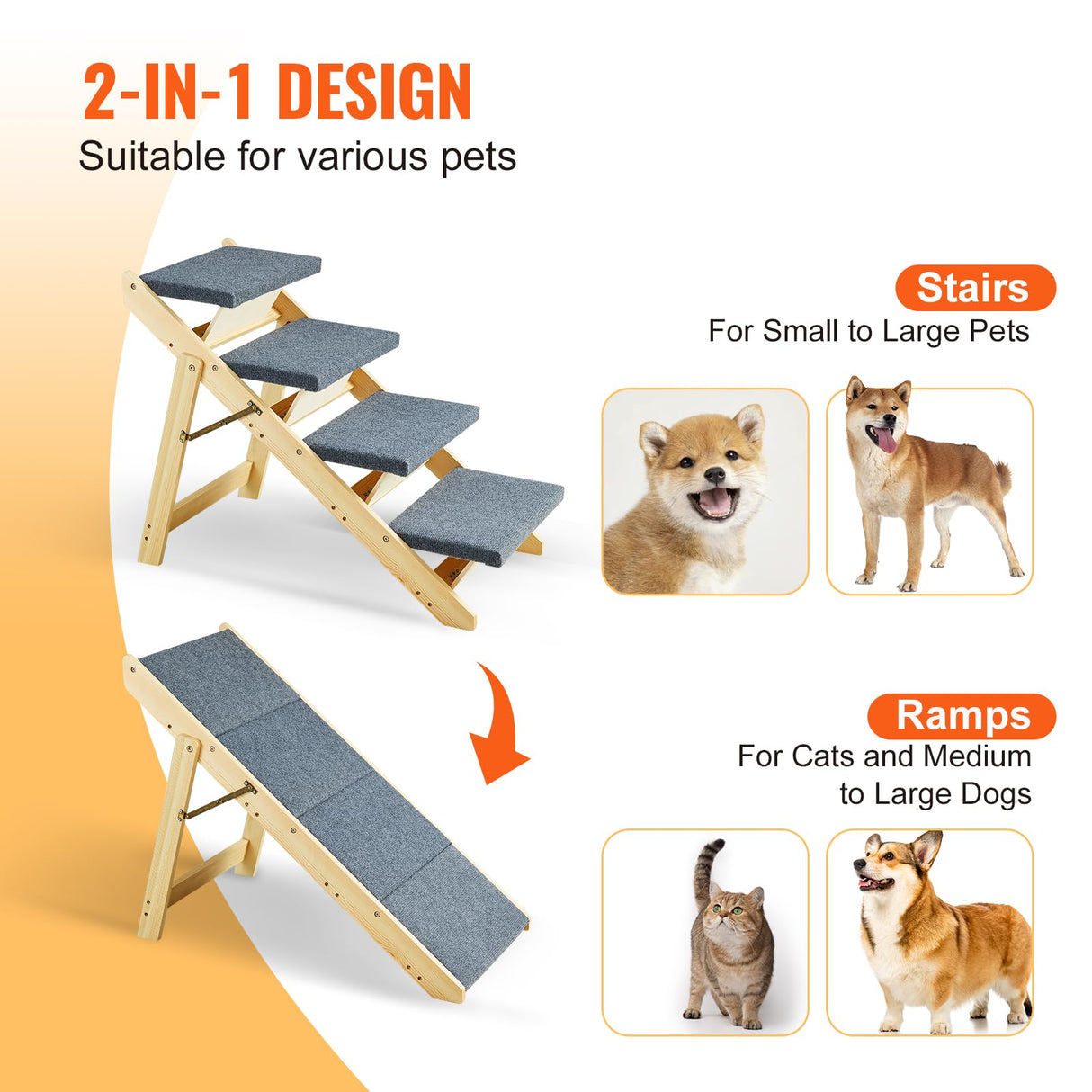 VEVOR Wood Pet Stairs/Pet Steps, 2-in-1 Foldable Wooden Dog Stair for Beds, Sofa and Cars, Dog Stairs & Ramp with 4 Steps for Small Medium Large Pet, up to 150 lbs VEVOR