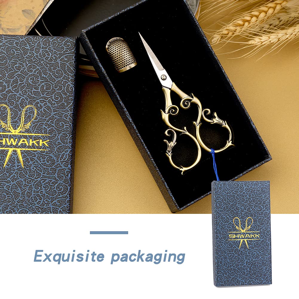 SHWAKK Embroidery Scissors 4.45in Ancient Cyan Gourd flower Scissors with Tassels and Thimble, Embroidery Tools for Sewing, Crafting, Tailoring, Needlework, Handicrafts DIY Tools SHWAKK