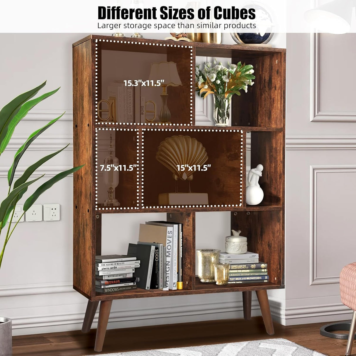 Mid Century Modern Bookshelf – 7 Cube Retro Bookcase, 3 Tier Open Shelf Mid Century Book Shelf, Walnut Dark Wood Rustic Bookshelves for Living Room Bedroom, Sturdy Wooden Bookcase TooCust