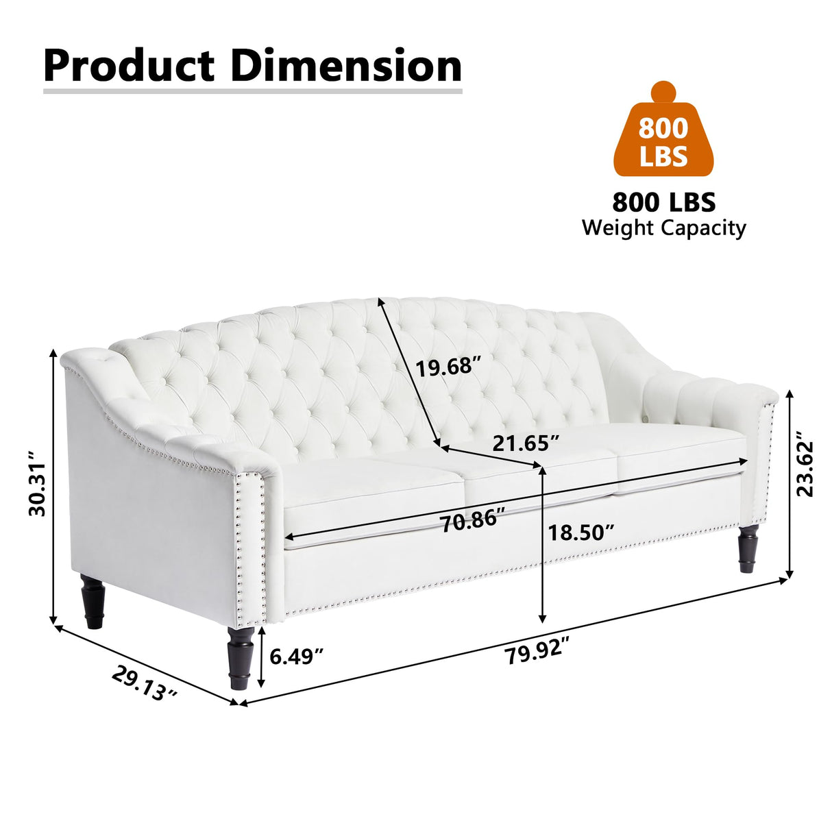 LEVNARY Mid-Century Modern Velvet Sofa, 80" Large Upholstered Sofa with High Back, Chesterfield Couch Sleeper Settee with Solid Wood Legs, Tufted 3 Seater Wide Couches for Living Room Office (White) LEVNARY