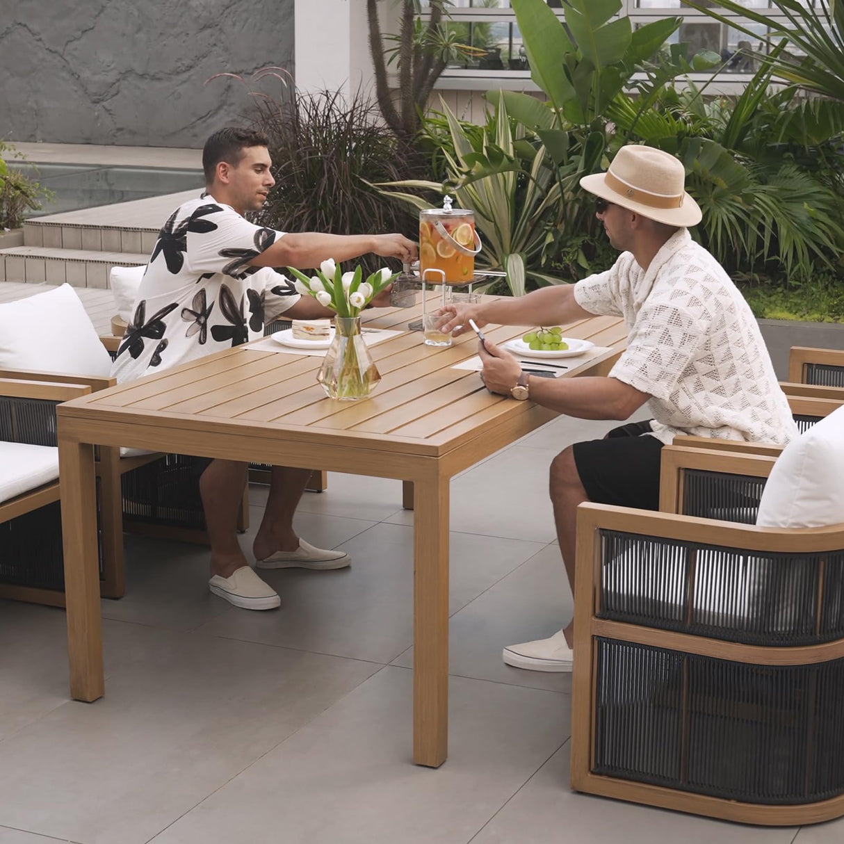 homary 7 Piece Outdoor Patio Dining Table Set, Weather Resistant Outdoor Dining Table Set with Aluminum Top Dining Table and 6 Woven Arm Chairs with Cushions for Backyard, Patio or Deck, Natural homary