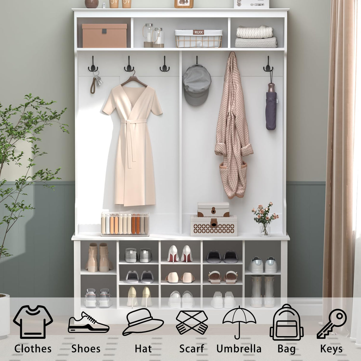 Wodeer Hall Tree with Bench and Shoe Storage, 4-in-1 White Hall Tree with Shelves, 6 Coat Hooks and Adjustable Shoe Storage Shelves for Entryway, Hallway, Bedroom Wodeer