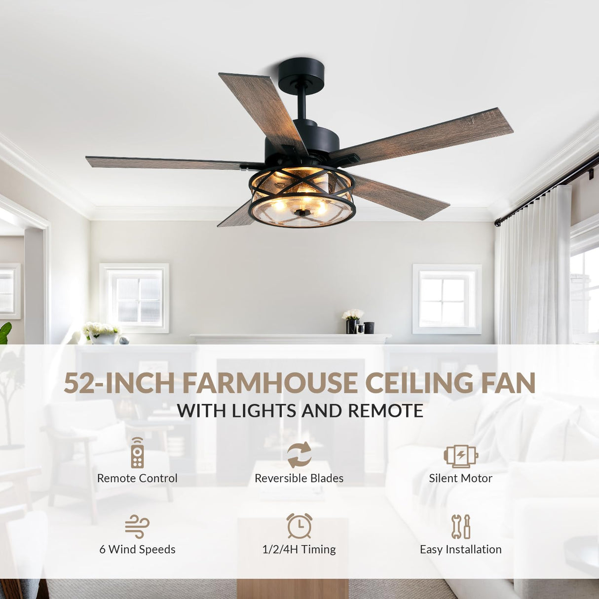 APBEAMLighting Farmhouse Ceiling Fans with Lights and Remote Control, 52 Inch Rustic Fandelier Ceiling Fan with Bubble Glass Shade 6-Speed Caged Ceiling Fan for Living Dining Room Bedroom,Walnut/Brown APBEAMLighting