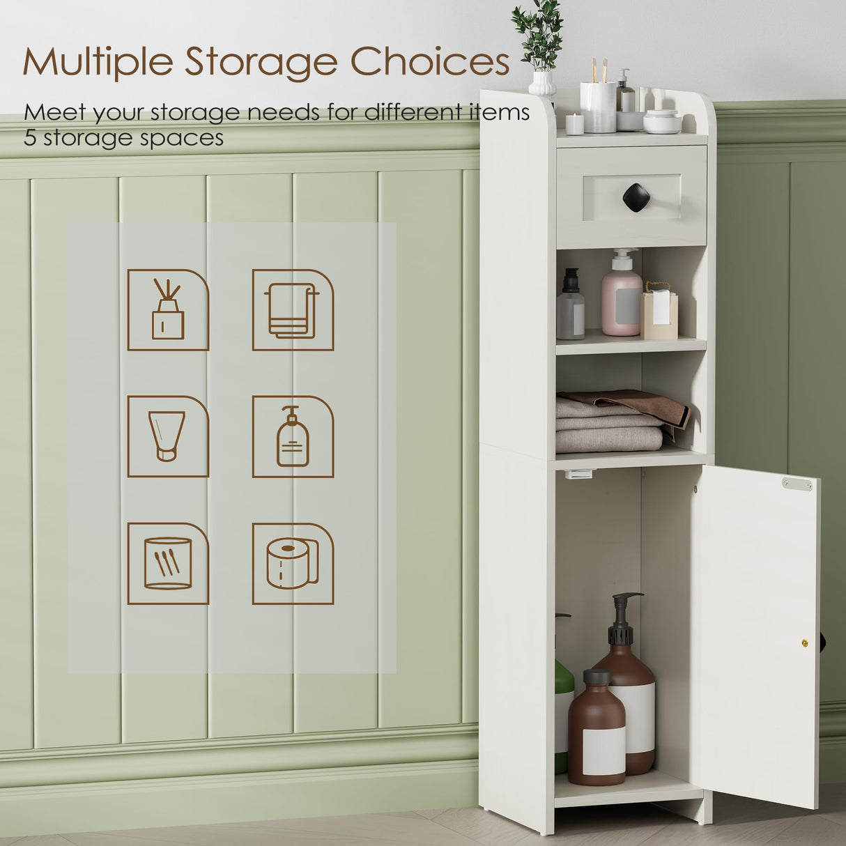 BEWISHOME Bathroom Storage Cabinet, Small Corner Floor Cabinet, Narrow Bathroom Organizers and Storage with Drawer for Small Spaces, 7.9 x 7.9 x 31.5 Inches Antique White YYG05W BEWISHOME