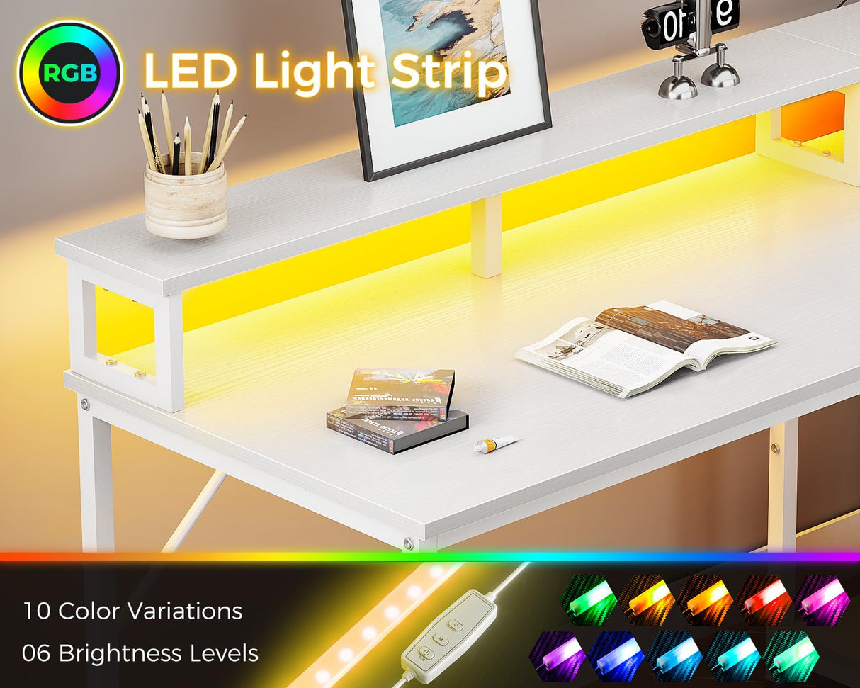 Coleshome 94" Computer Desk with Fabric Drawers & File Cabinet- 2 Person Home Office Desks with Power Outlet & LED Light, Long Writing Desk with Monitor Stand, Storage Shelves, Study/Work Table, White Coleshome