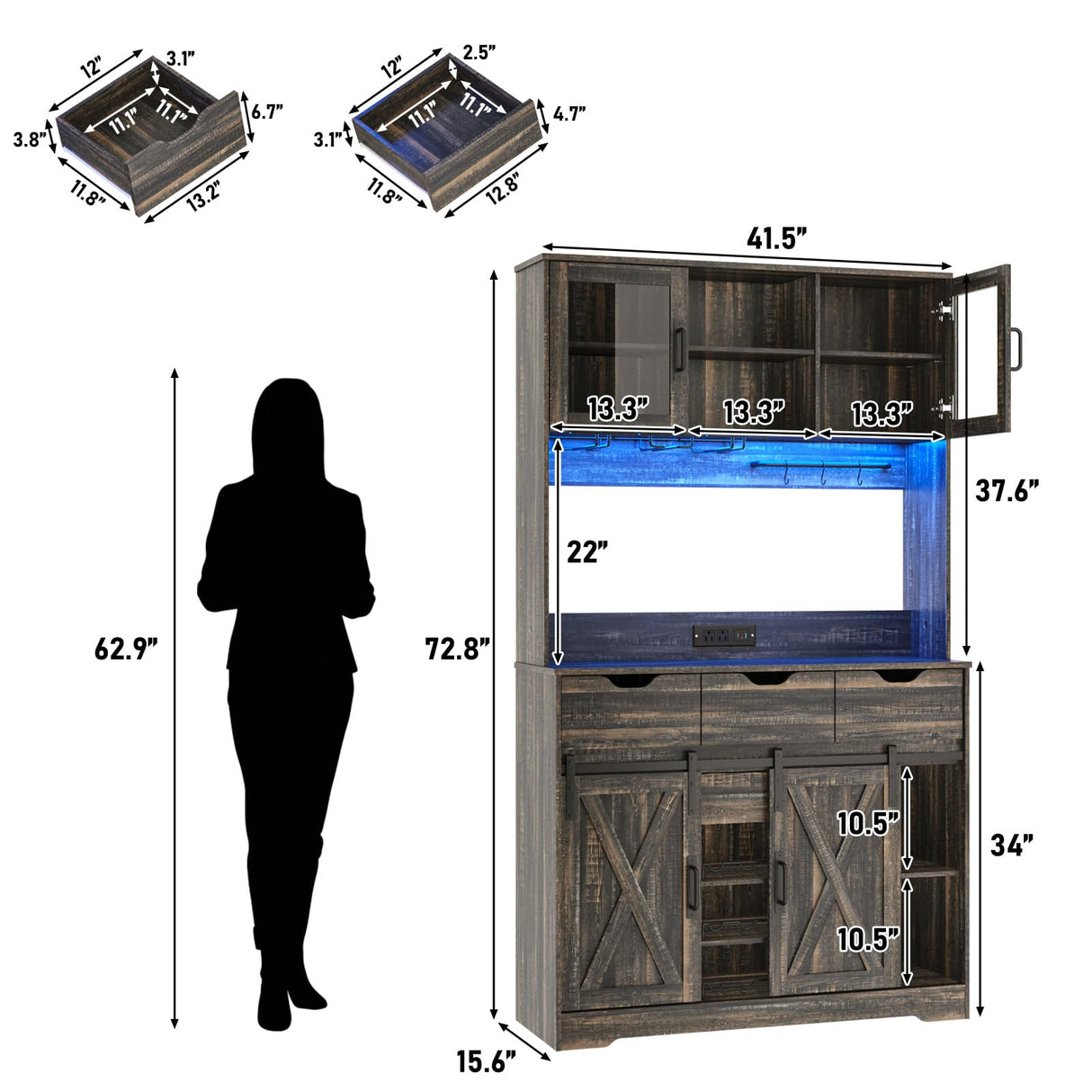 72" Coffee Bar Cabinet w/Power Outlet,LED Lights,Farmhouse Large Kitchen Hutch w/Sliding Barn Door,Tall Bar Cabinets w/4 Drawers & Wine Glass Rack,Pantry China Cabinet for Home,Dark Rustic Oak chartustriable