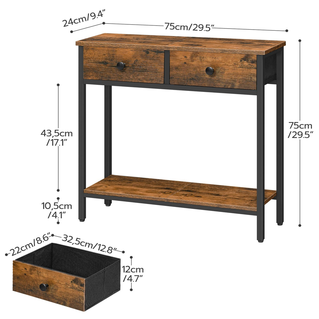 HOOBRO 29.5" Narrow Console Table with 2 Fabric Drawers, Small Entryway Table with 2-Tier Storage Shelves, Thin Sofa Table, Side Table, for Living Room, Hallway, Rustic Brown and Black BF71XG01 HOOBRO