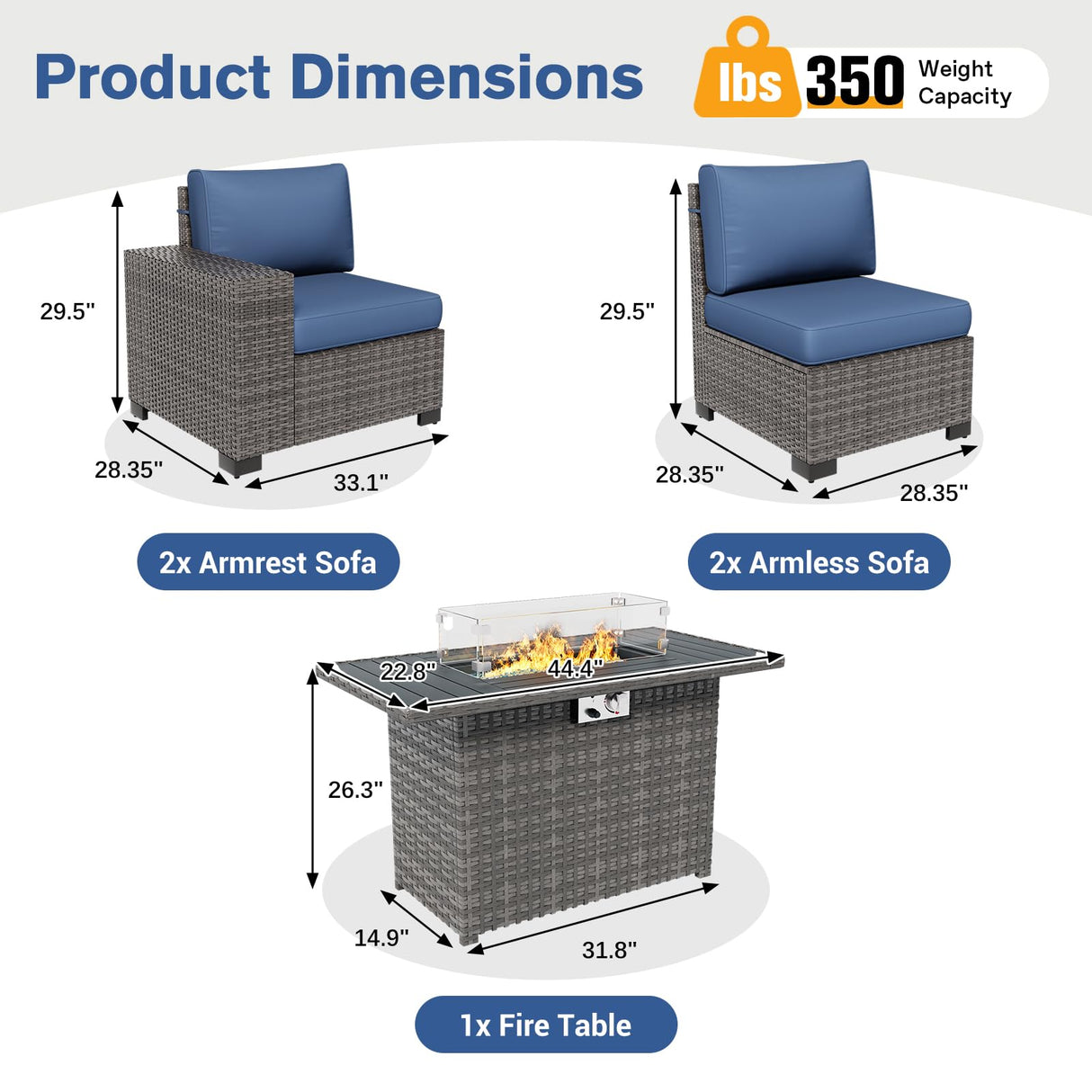 VONZOY 5 Piece Patio Furniture Set with Fire Pit Table, Outdoor Conversation Sets Grey Wicker Rattan Sectional Sofa, 4'' Thickened Cushion Navy Blue (Include Waterproof Cover) VONZOY