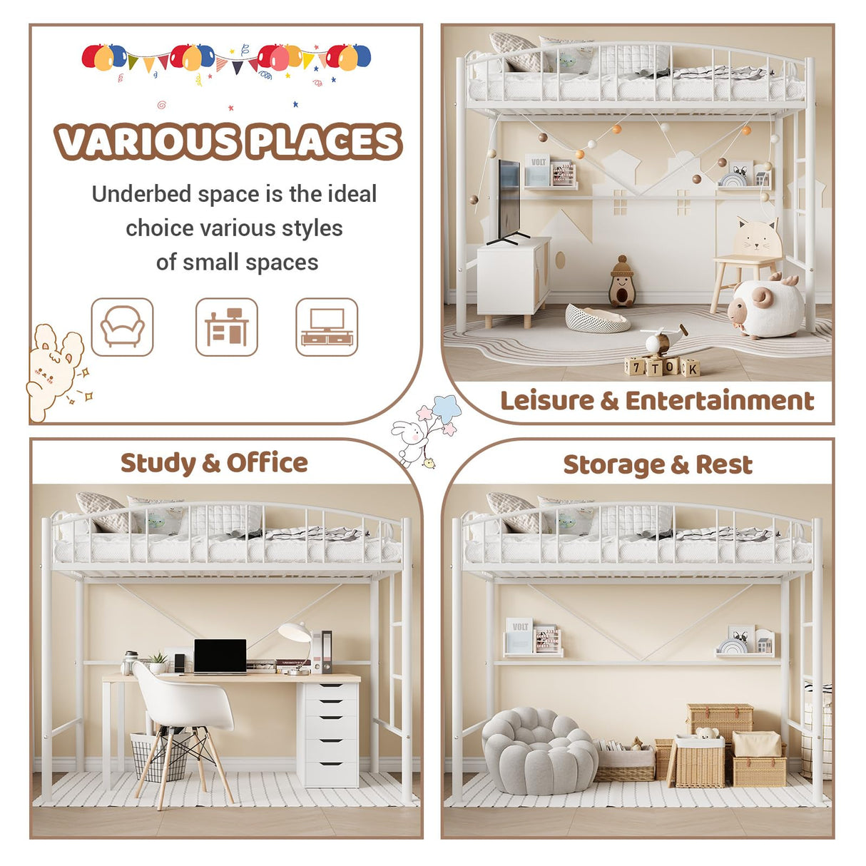 GarveeHome Loft Bed Twin Size, Heavy Duty Metal Loft Bed Frame with Arched Guardrail and Safety Ladder, Space-Saving, No Box Spring Needed, Modern White GarveeHome