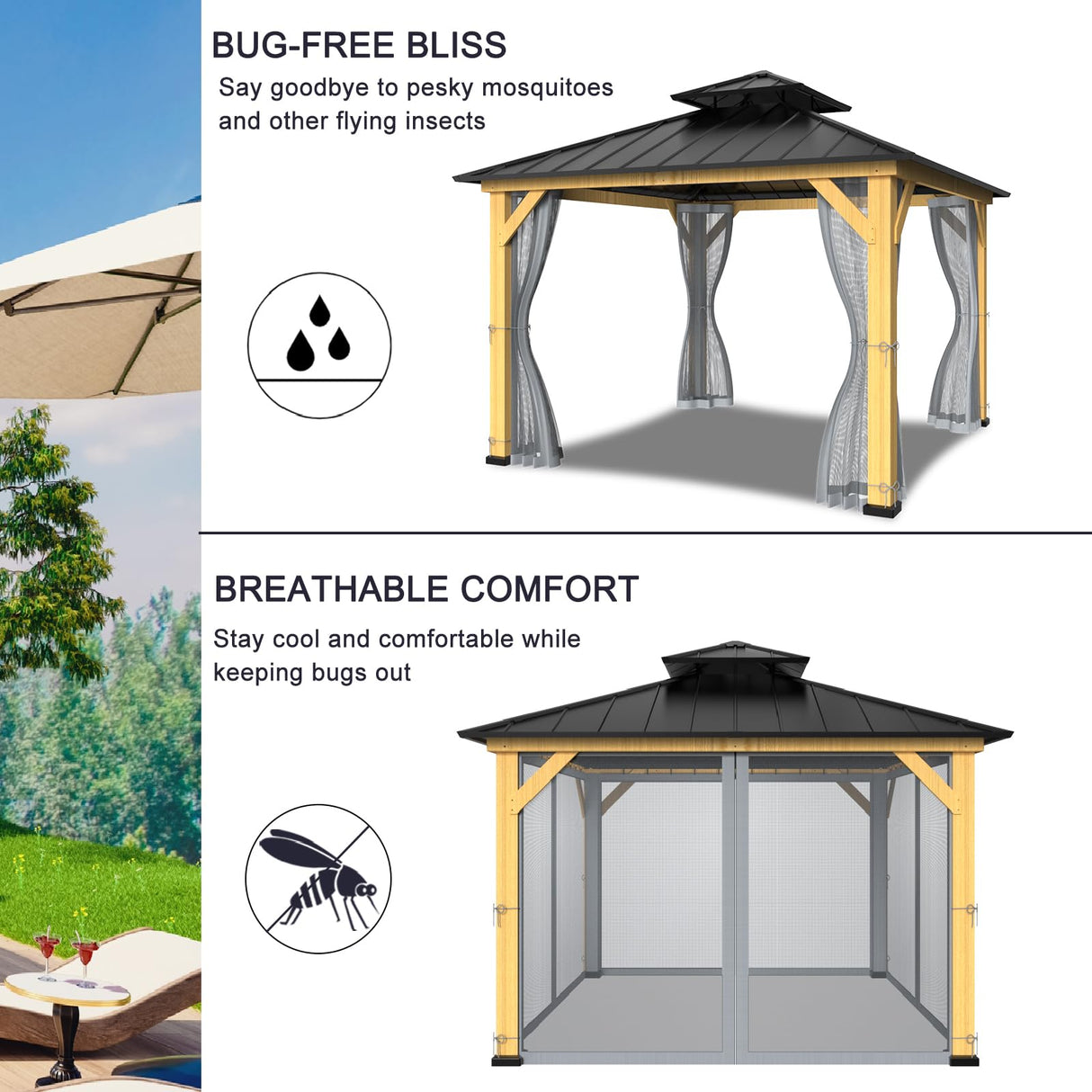 10-ft x 10-ft Gazebo Netting,Gazebo Replacement Mosquito Netting,Universal 4-Panel Mesh Screen Walls with Zippers(Only Netting)-Grey Zupoquk