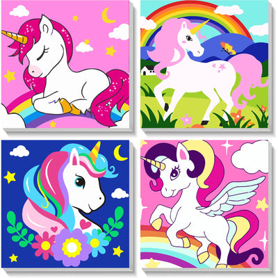 4 Pack Cartoon Paint by Number for Kids with Wooden Frame, Cartoon Paint by Numbers for Kids Ages 4-8-12, Easy Painting with Numbers DIY Acrylic Oil Painting Kits for Home Wall Decor (8X8 inch)