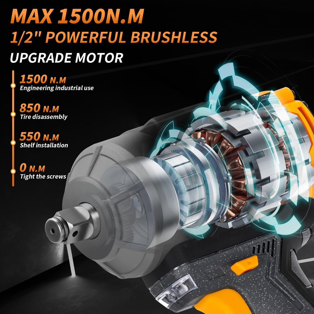 JEXUGK 1500Nm Impact Wrench, 1/2" 1107ft-lbs Cordless Impact Gun with 2 x 4.0Ah Battery, 21V High Torque Power Impact Driver with 6 Sockets,Pistola Llave De Impacto for Truck RV Car Heavy Construction JEXUGK