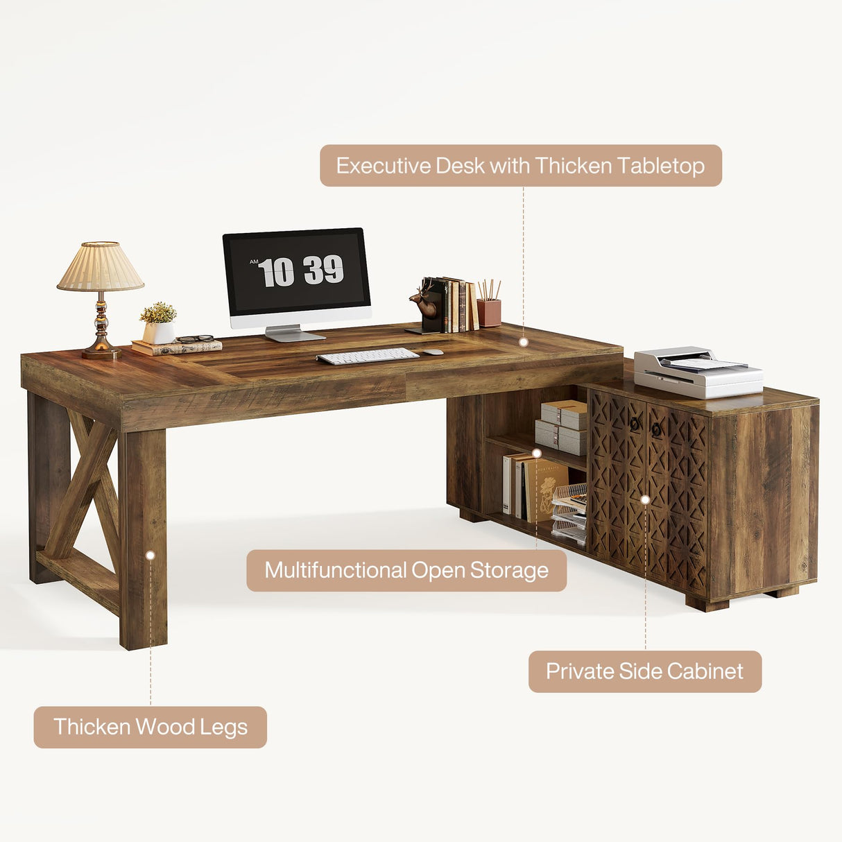 Tribesigns Farmhouse 63-Inch Executive Desk, L-Shaped Boss Desk Home Office Desks with Storage Shelves and Cabinet, Large Business Furniture Set for Home Office, Brown Tribesigns