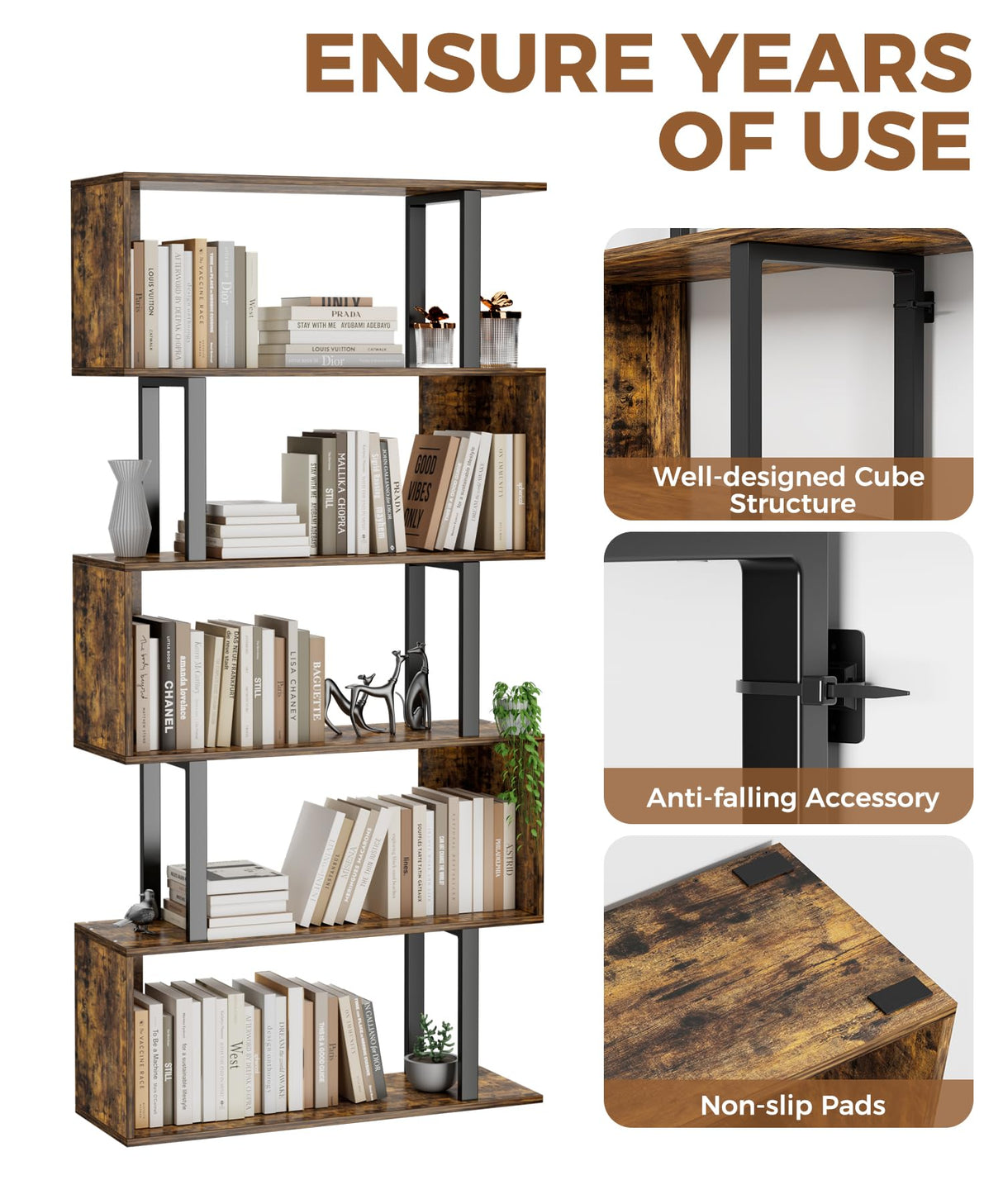 Gadroad 5-Tier Geometric Bookcase,S Shaped Bookshelf, Wood Decorative Storage Shelving, Modern Freestanding Display Shelves, Tall Book Shelf Unit for Living Room Bedroom, Rustic Brown Gadroad