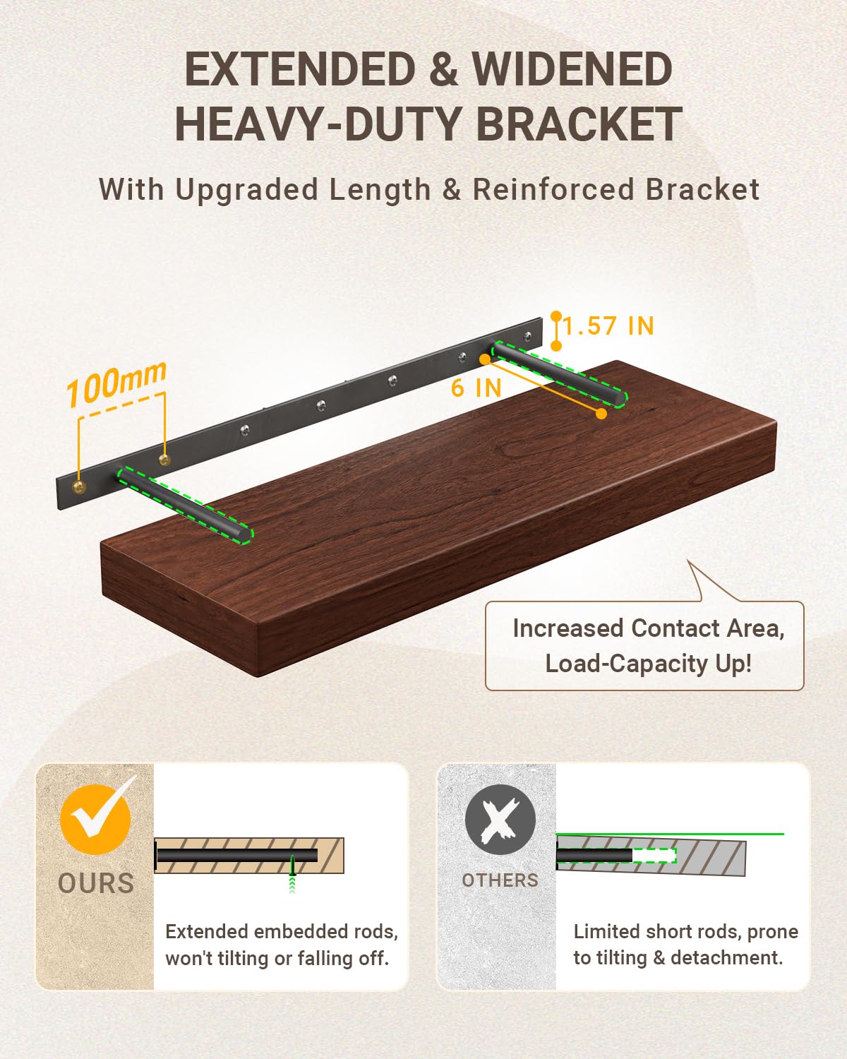 QueenFun 60 Inch Long Floating Wall Shelf Walnut, 8 Inch Deep Wood Floating Shelf Wall Mounted, Thick Wooden Mantel Shelf with 50LB Load-Bearing for Living Room Kitchen Bedroom QueenFun