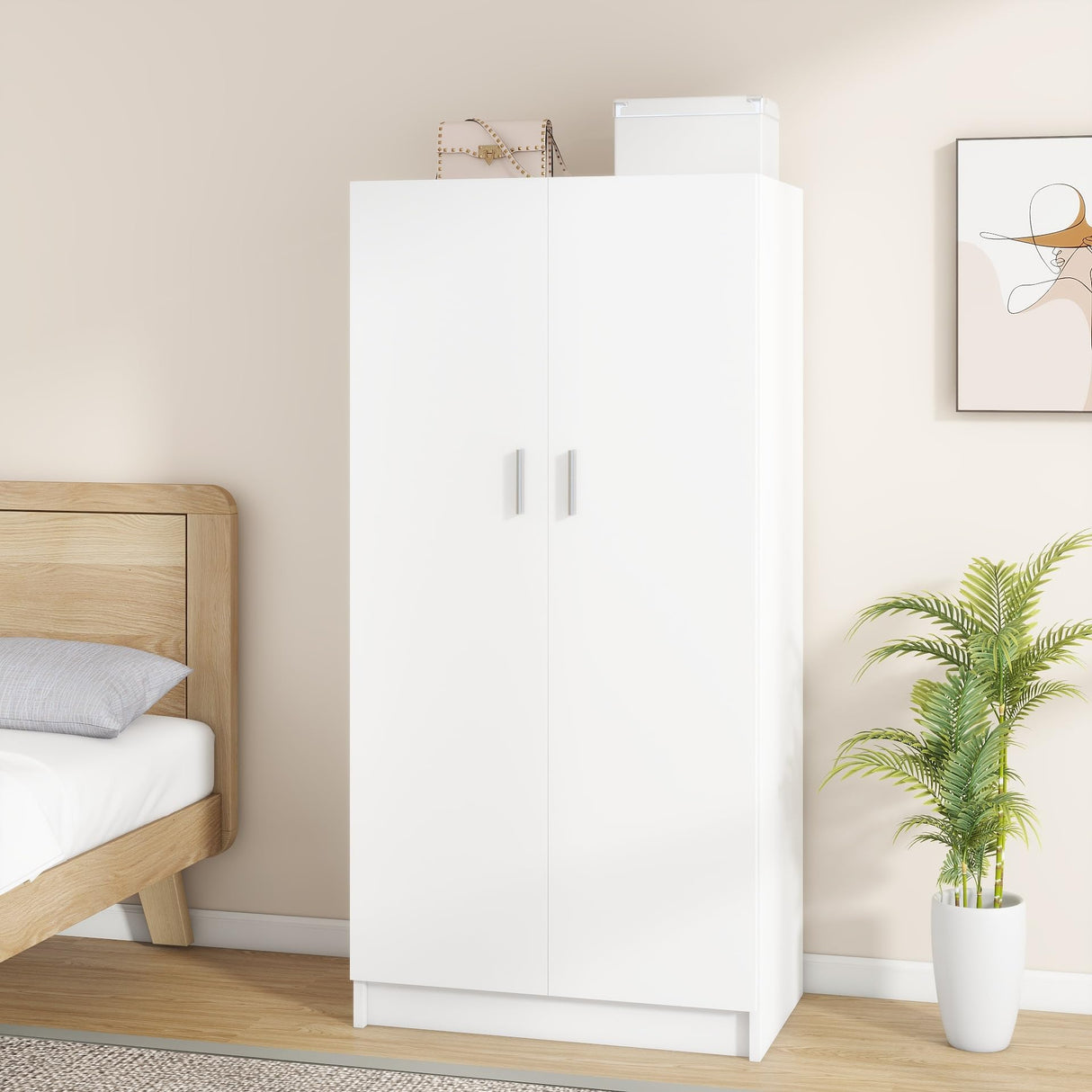 2 Door Wood Wardrobe Closet with Hanging Rail and 2 Shelves, Bedroom Armoire for Clothes Storage, 19.7" D x 30.7" W x 63" H Panana