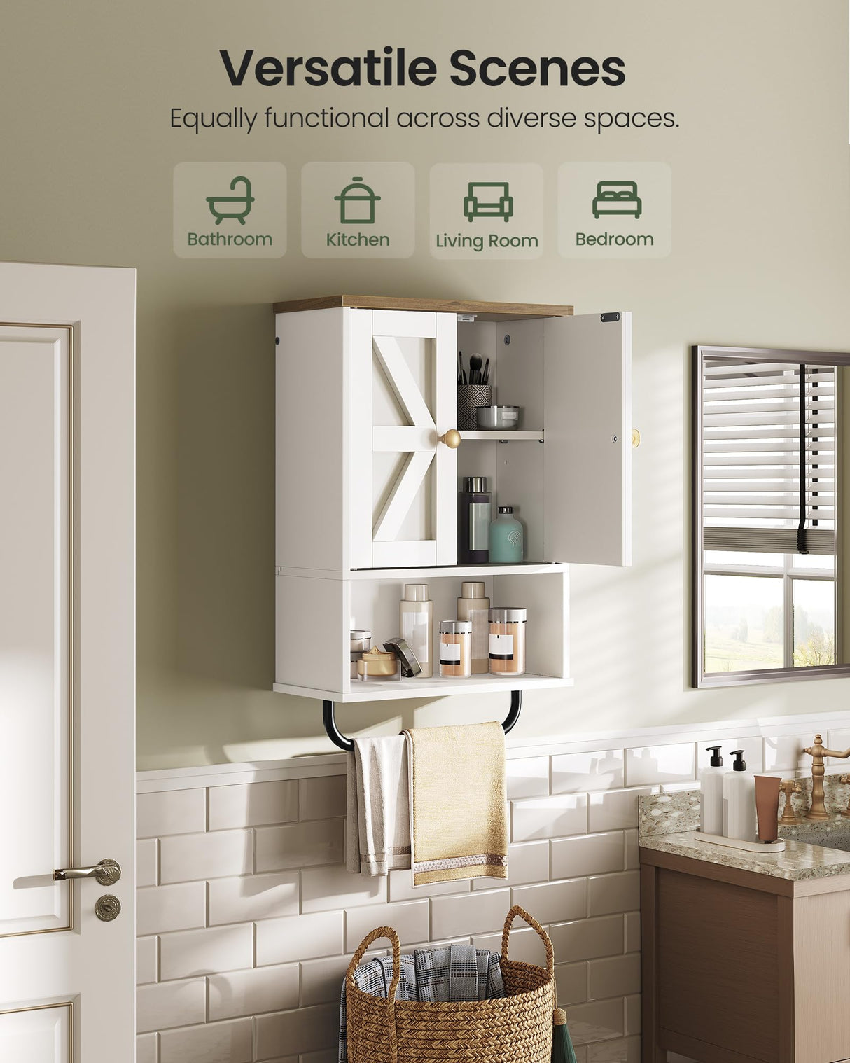 CHOEZON Bathroom Wall Cabinet, Medicine Cabinet with Open Partition and Towel Bar, Rustic Storage Cabinet with Open and Hidden Storage Space, for Bathroom, Living Room, Kitchen, White and Walnut CHOEZON