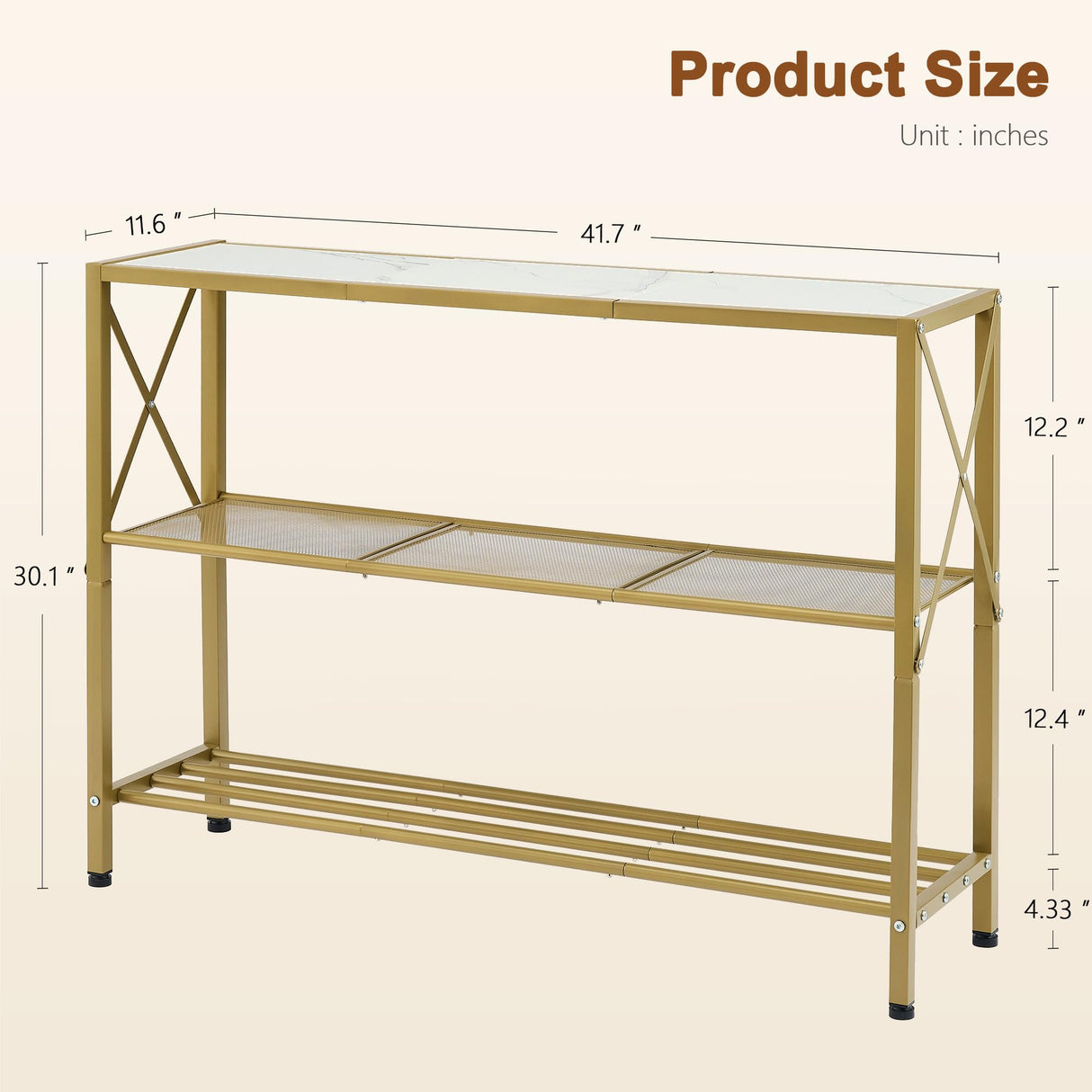 Hoctieon Gold Console Table, 3 Tier Entryway Table, Hallway Table, Narrow Sofa Table with Shelves, Entrance Table for Entryway, Gold and White Hoctieon