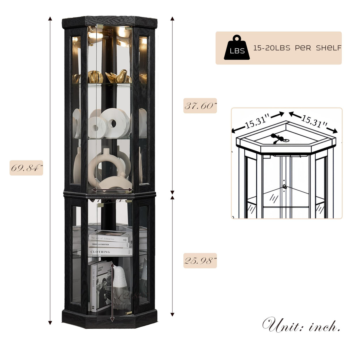 Eyisean 70" Lighted Glass Corner Curio Cabinet, Display Cabinet with Elegant Tempered Glass Door, China Cabinet with Light Bulb, Mirrored Back Panel, Rack for Living Room Storage (Black) Eyisean