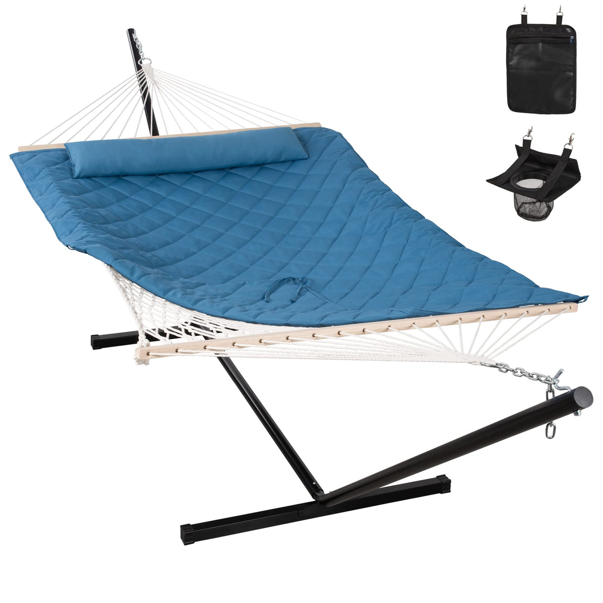ANOW Double Hammock with Stand Included, Rope Hammock with Detachable Pillow and Pad for Outdoors Indoors, 450 LBS Weight Capacity, Blue ANOW
