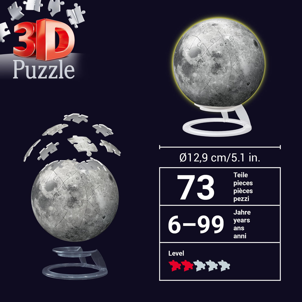 Ravensburger Glow-in-The-Dark Moon 72 Piece 3D Jigsaw Puzzle for Adults and Kids - 11586 - Great Gift for Any Birthday, Holiday, or Special Occasion Ravensburger
