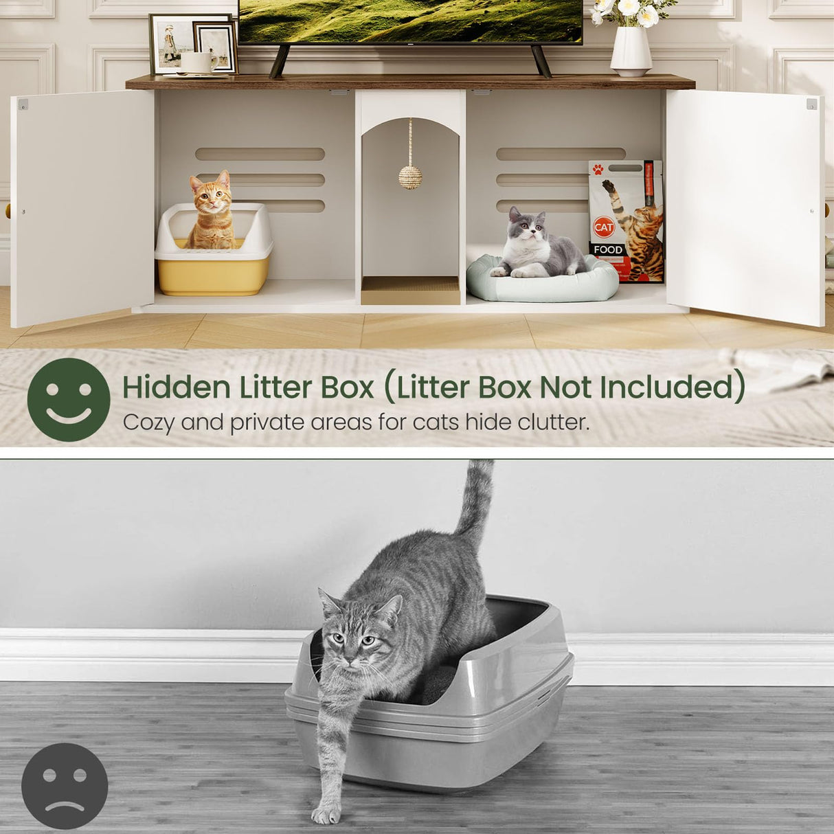 CHOEZON 47.2'' Double Cat Litter Box Enclosure, Hidden Cat Litter Box Furniture with Scratching Board and Dangling Ball, for 2 Cats, White and Walnut MMW02WL CHOEZON
