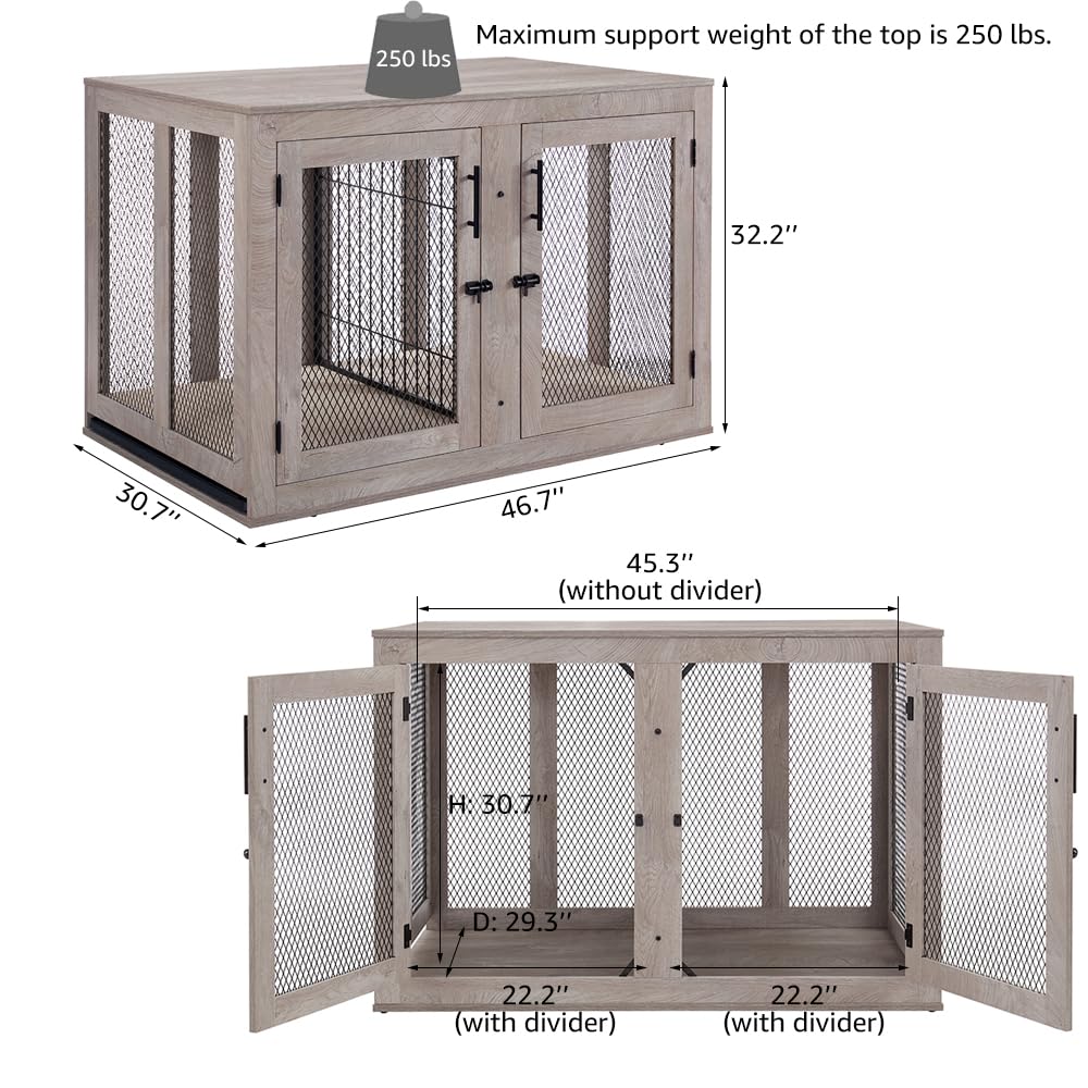unipaws Extra Large Dog Crate Furniture with Divider for 2 Dogs, Wooden Dog Kennel for XLarge Breed, Indoor Decorative XL Wood Dog Cage, Inside Side End Table Crate with Tray, for Dogs Up to 90 lbs unipaws