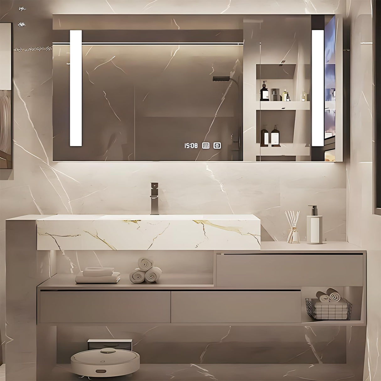 LUTHXAY Bathroom Vanity Set, Floating Bathroom Vanity with Single Sink, Solid Wood Bathroom Vanity Includes Smart Anti-Fog Mirror & Integrated Sink & Countertop, Large Capacity Mirror Cabinet (36IN) LUTHXAY