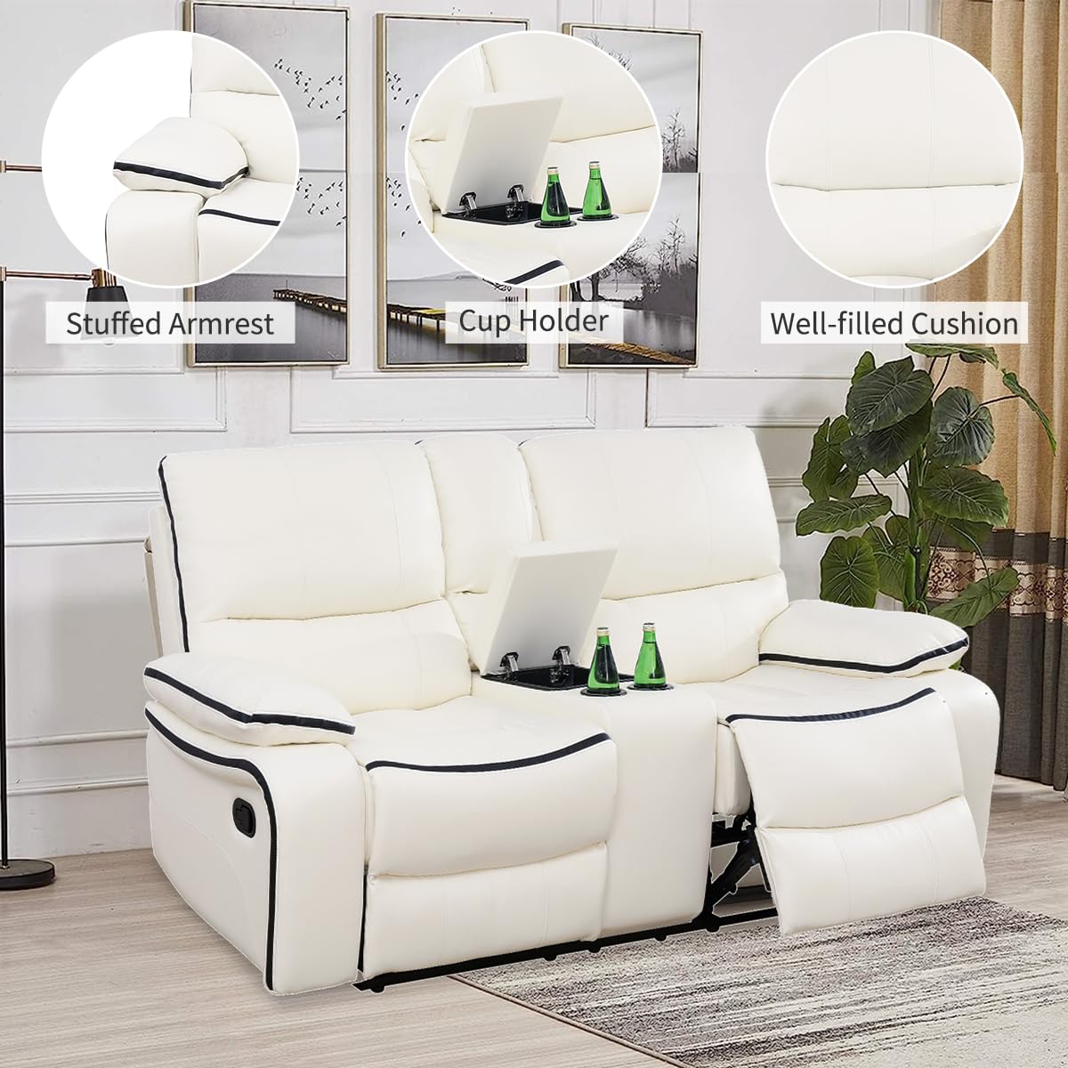 Caberryne Leather Recliner Sofa Set,Leather Living Room Furniture Set with Storage Console/Cup Holders,Reclining Sofa Set for House/Home Theater(Sofa&Loveseat 2 Pieces,White) Caberryne