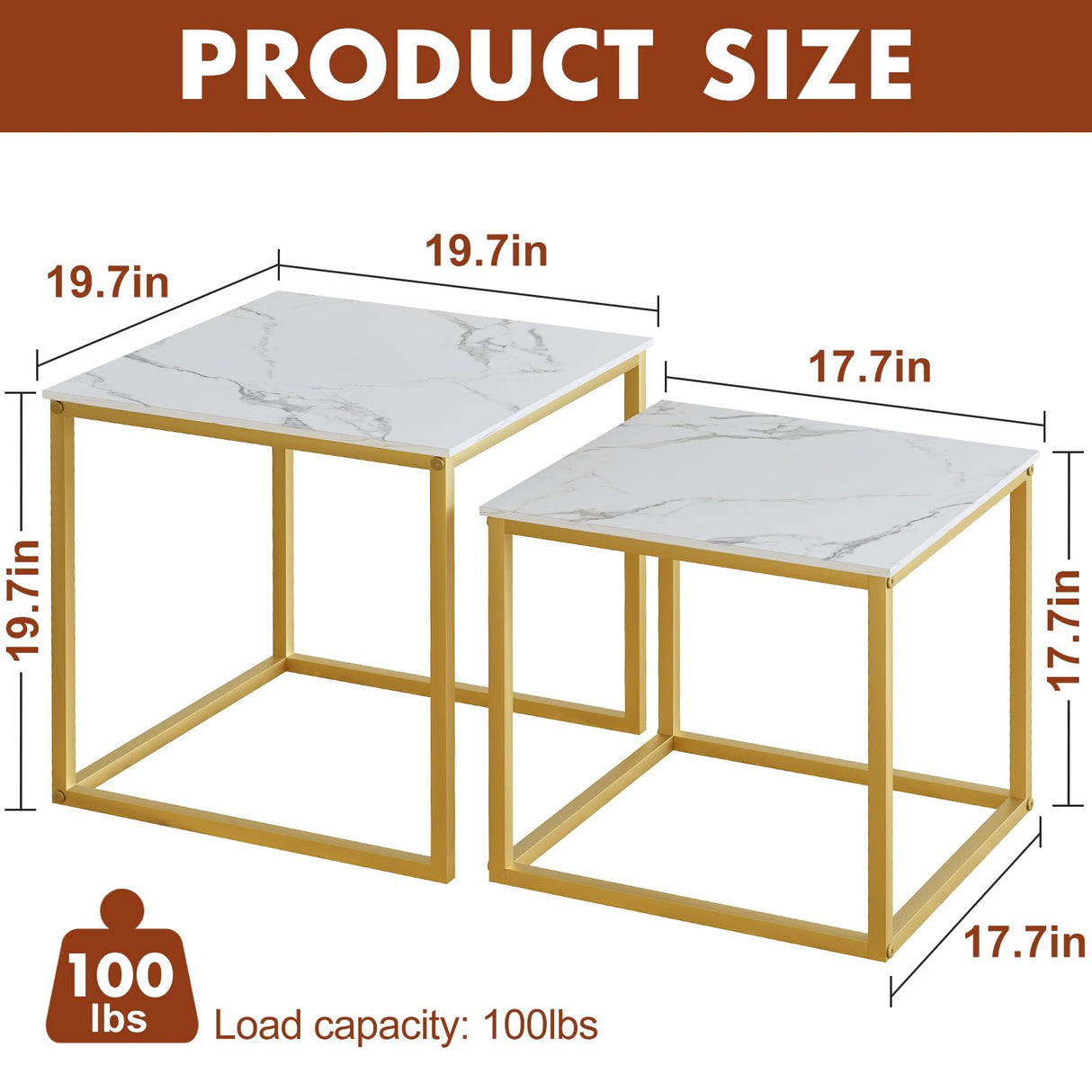 VILAWLENCE Modern Coffee Table Set of 2, Gold Wooden Nesting Side Table, Metal Frame Square End Table, Center Tables for Living Room,Bedroom and Small Spaces VILAWLENCE