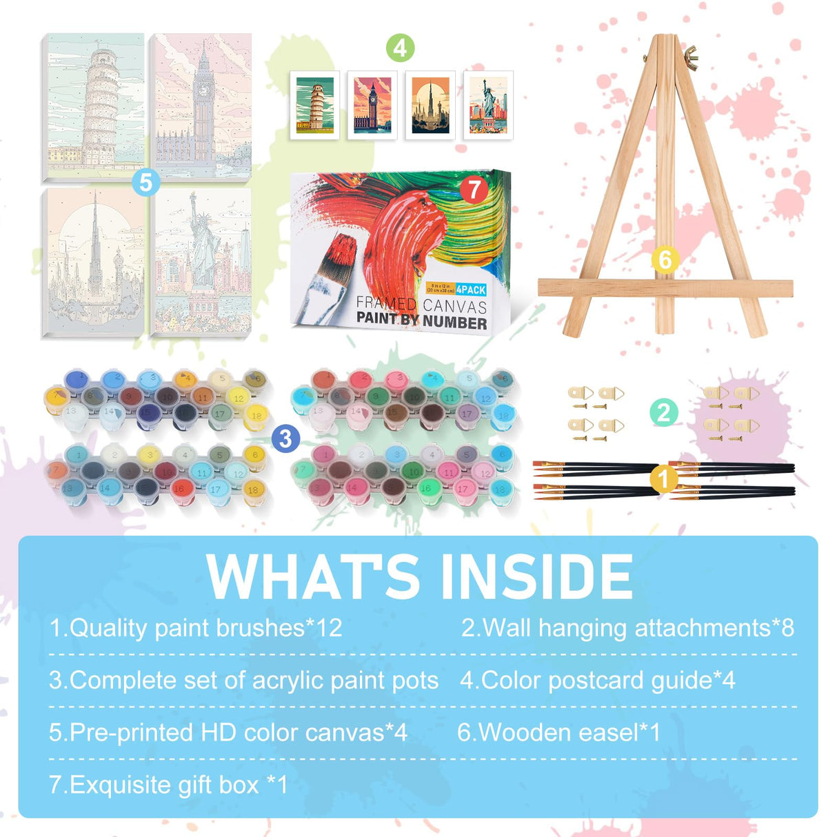 Offito 4 Pack Framed Paint by Numbers Kit for Adults Beginners with Wooden Easel, Cityscape Easy Paint by Number Kit with Frame, Watercolor Adult Paint by Number Framed Canvas (8 * 12 Inch) Offito