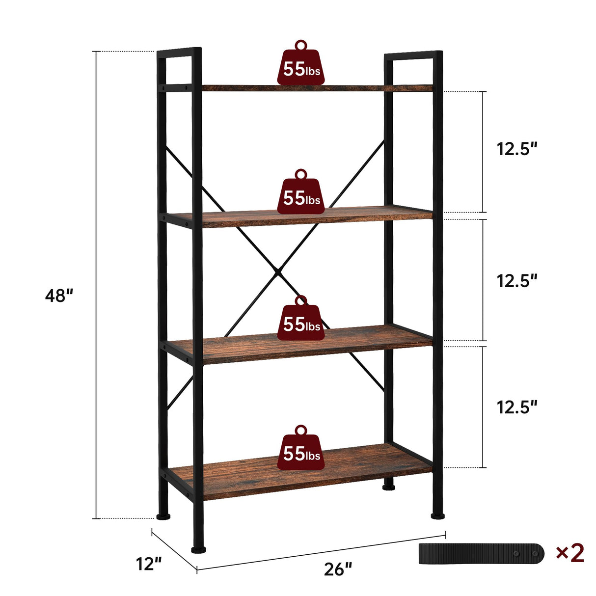 Skandiquip Bookshelf, 4 Tier Industrial Bookcase Storage Organizer, Display Shelves for Books/CDs, Bedroom Living Room Home Office, Rustic Brown Skandiquip