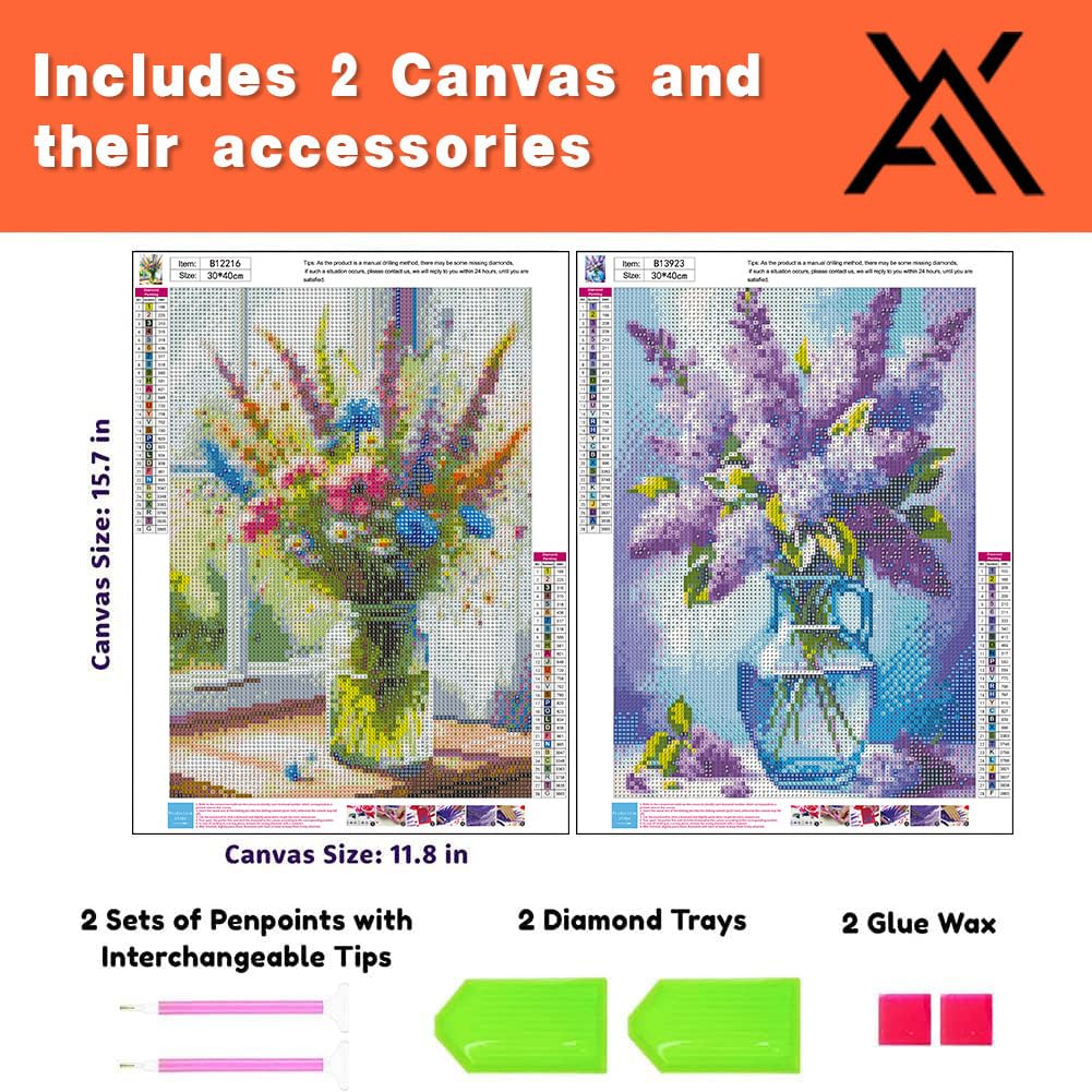 2 Pack Flowers Diamond Art Kits for Adults - Diamond Painting Kits for Adults Beginner, DIY 5D Full Drill Diamond Dots Gem Art for Home Wall Decor 12x16inch Axquilon