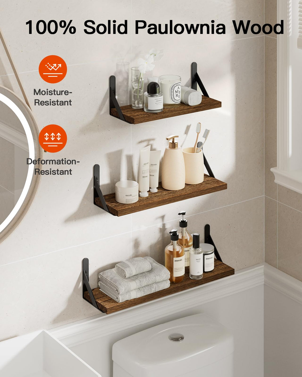 AMADA HOMEFURNISHING Wall Shelves Set of 6, Wood Floating Shelves for Wall Decor, Rustic Farmhouse Wall Shelves for Bedroom, Bathroom Shelves for Wall Storage, Book Shelves for Living Room, Brown AMADA HOMEFURNISHING