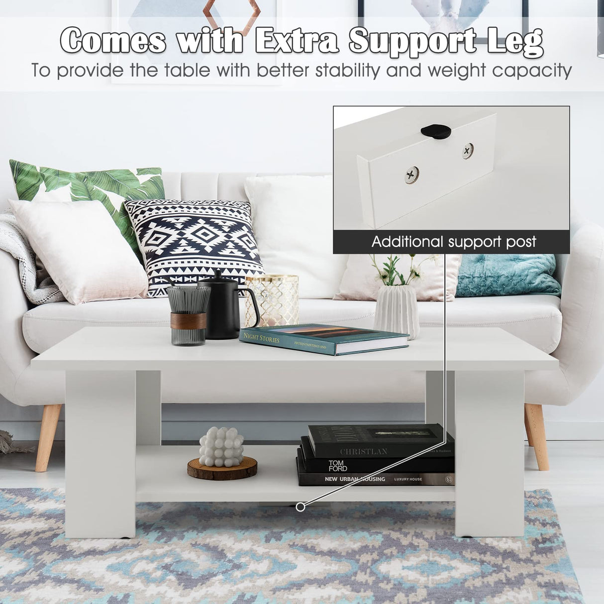 Giantex Rectangle Wood Center Table, 36" L 2-Tier Large Modern Tea Table w/Open Compartment, Easy Assembly, Accent Coffee Table for Living Room, Reception Room, White Giantex