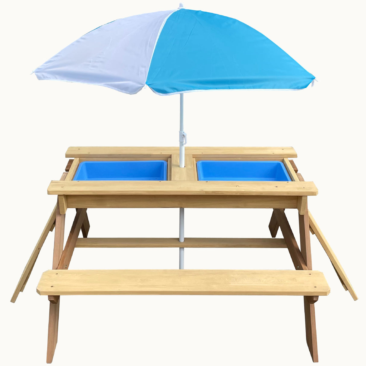BTExpert Kids 3-in-1 Sand Water Activity Table Wooden Outdoor Convertible Picnic Table Bench Adjustable Umbrella Removable Top 2 Play Boxes Toy Set 37 x 35 in BTEXPERT