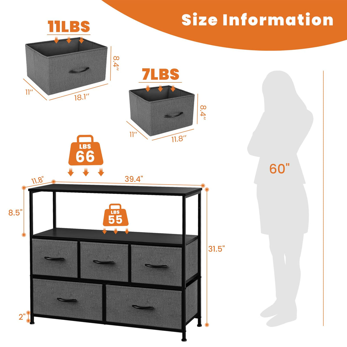 Sweetcrispy TV Stand for Bedroom, TV Dresser for 45 inches, Media Console Table, Entertainment Center with 5 Fabric Drawers Cabinet and Open Storage Shelf Furniture Cabinet for Living Room, Hallway Sweetcrispy
