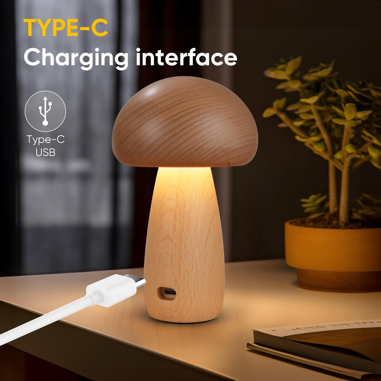LONRISWAY Wooden Mushroom Lamp for Bedroom, Portable Cordless Small Rechargeable Battery Operated Lamp,Stepless Dimming, Night Light for Birthday Gifts LONRISWAY