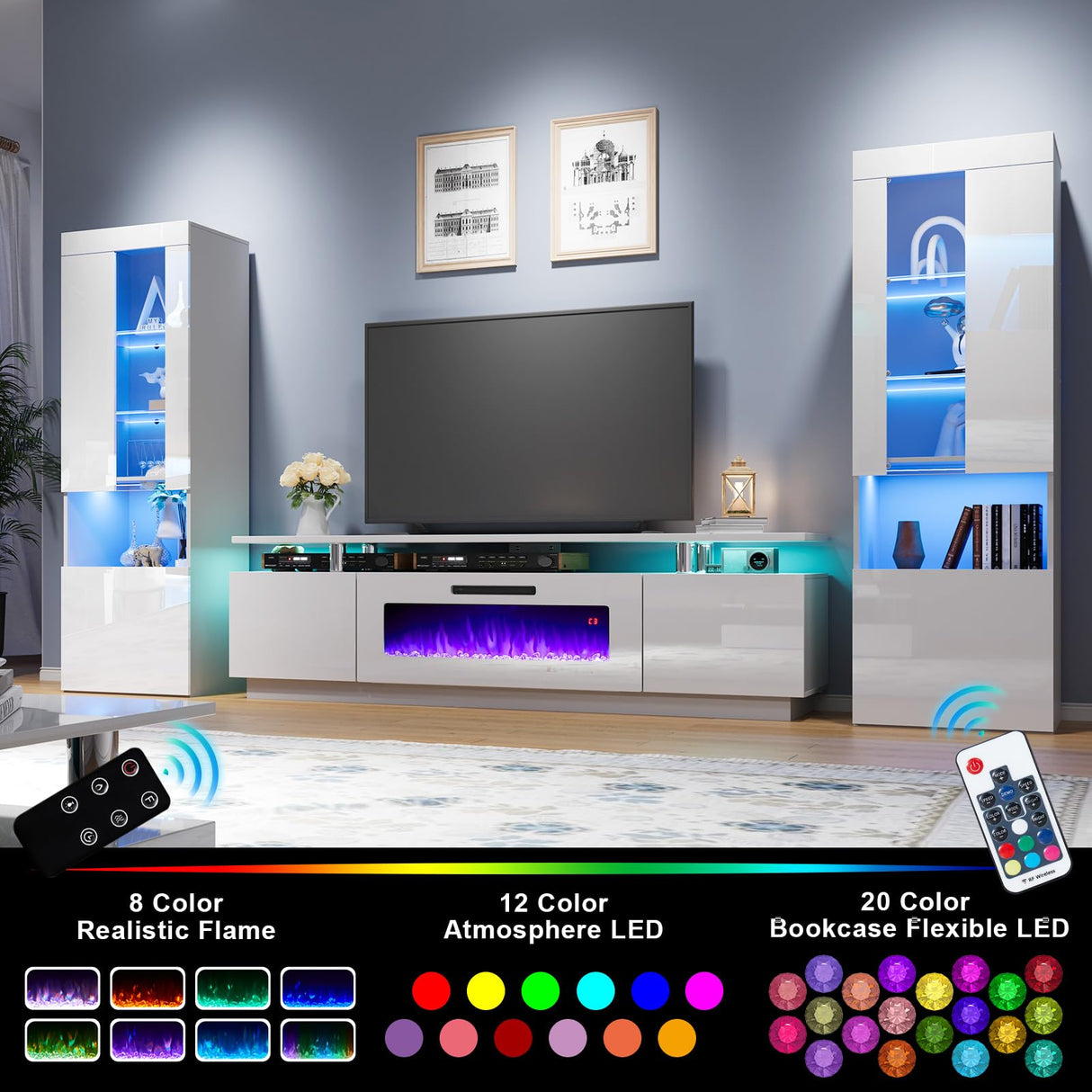 AMERLIFE Entertainment Center with Fireplace and Bookcases, Includes 80" 2-Tier Fireplace TV Stand with 40" Fireplace, 2 x High Gloss Bookshelves with LED Lights & Glass Doors, White AMERLIFE