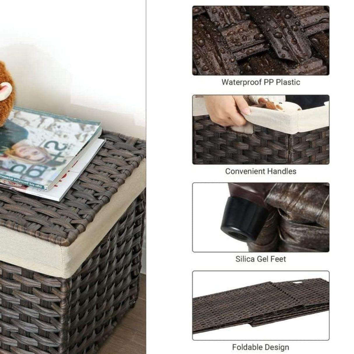 SONGMICS Storage Basket with Lid, 42.3 Gallon (160L) Storage Bin, Woven Blanket Storage Basket with Handles, Foldable, Removable Liner, Metal Frame, for Bedroom, Laundry Room, Brown URST76BR SONGMICS