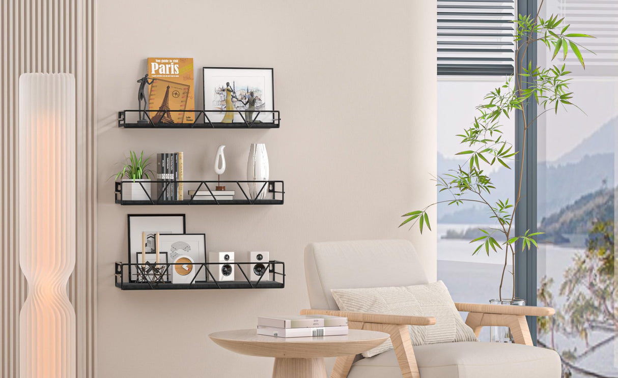 Amaoot Floating Shelves Set of 3, Home Wood Wall Shelf, Farmhouse Shelf for Bedroom, Wall Mounted Floating Shelf for Living Room, Bedroom, Bathroom, Kitchen, Office (Black 2) Amaoot