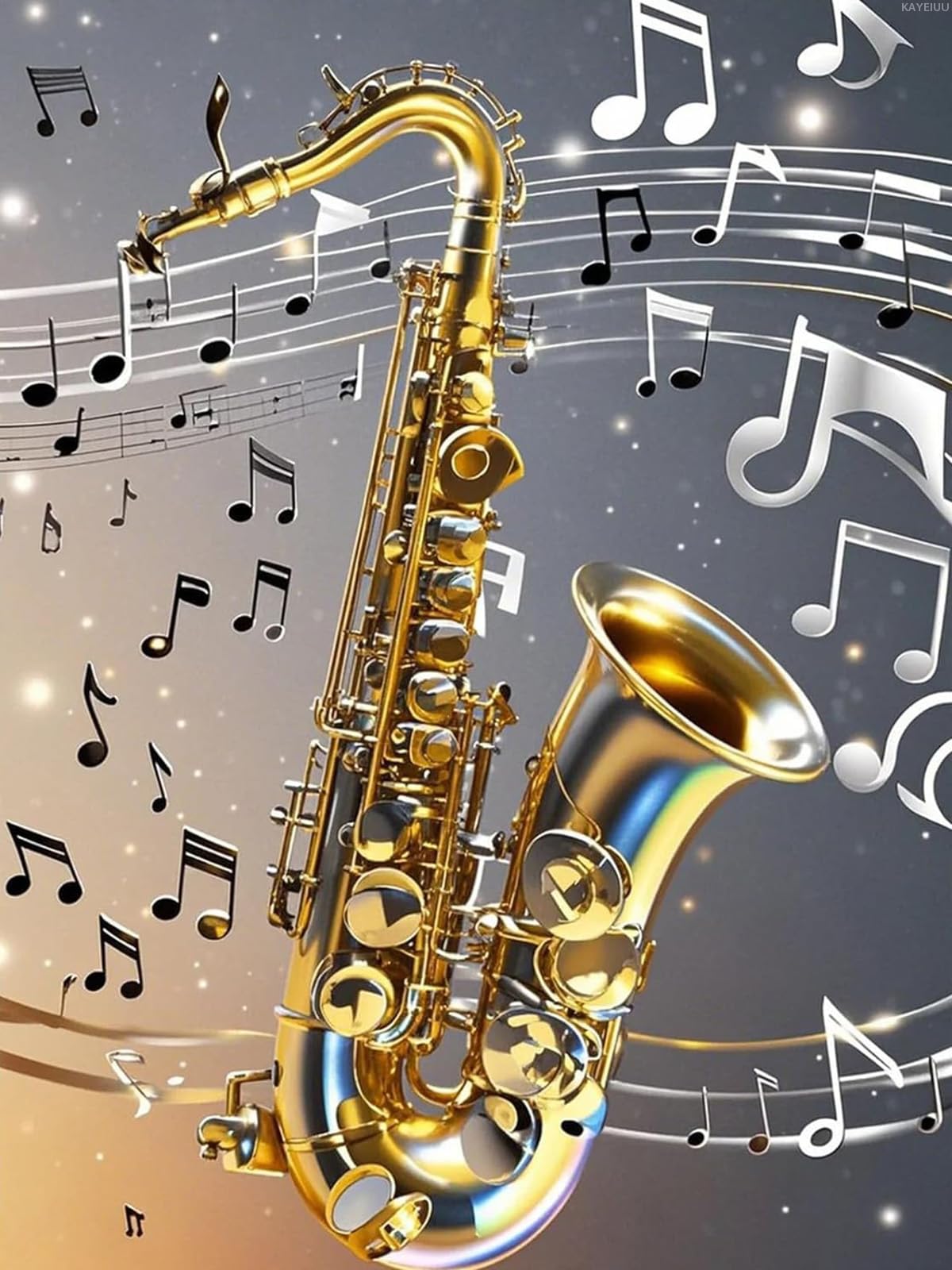 Diamond Painting Saxophone with Music Notes 5D Diamond Art DIY Kits Full Round Drill Beads by Number Mosaic Embroidery Arts and Crafts for Living Room Home Wall Decor 12x16 inch/30x40cm KAYEIUU