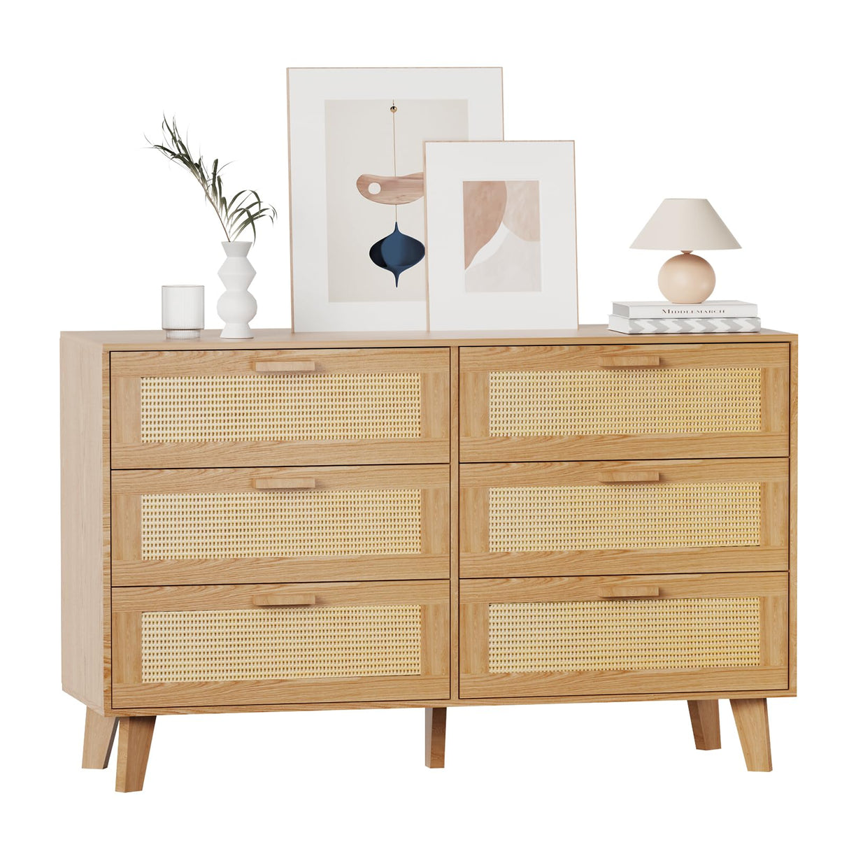 XDliv Rattan Dresser, 6-Drawer Double Dresser Rattan Storage Chest Unit for Bedroom XDliv