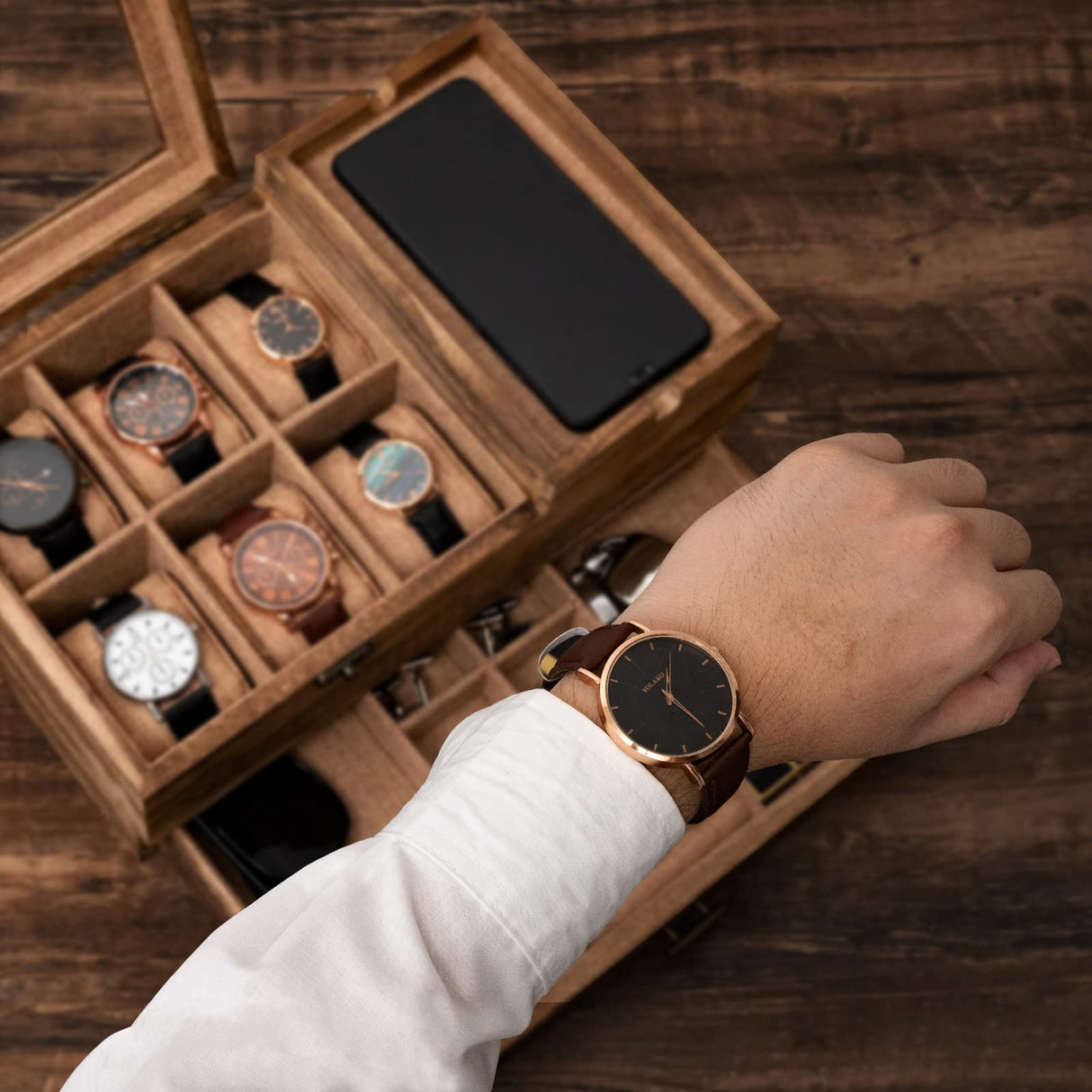 Pinzoveco Watch Box Organizer for Men, 6 Slot Mens Jewelry Box Display & Storage Watch, Solid Wood Watch Case for Men, Gift for Boyfriend Fathers Day Birthday Gifts (Carbonized Brown) Pinzoveco