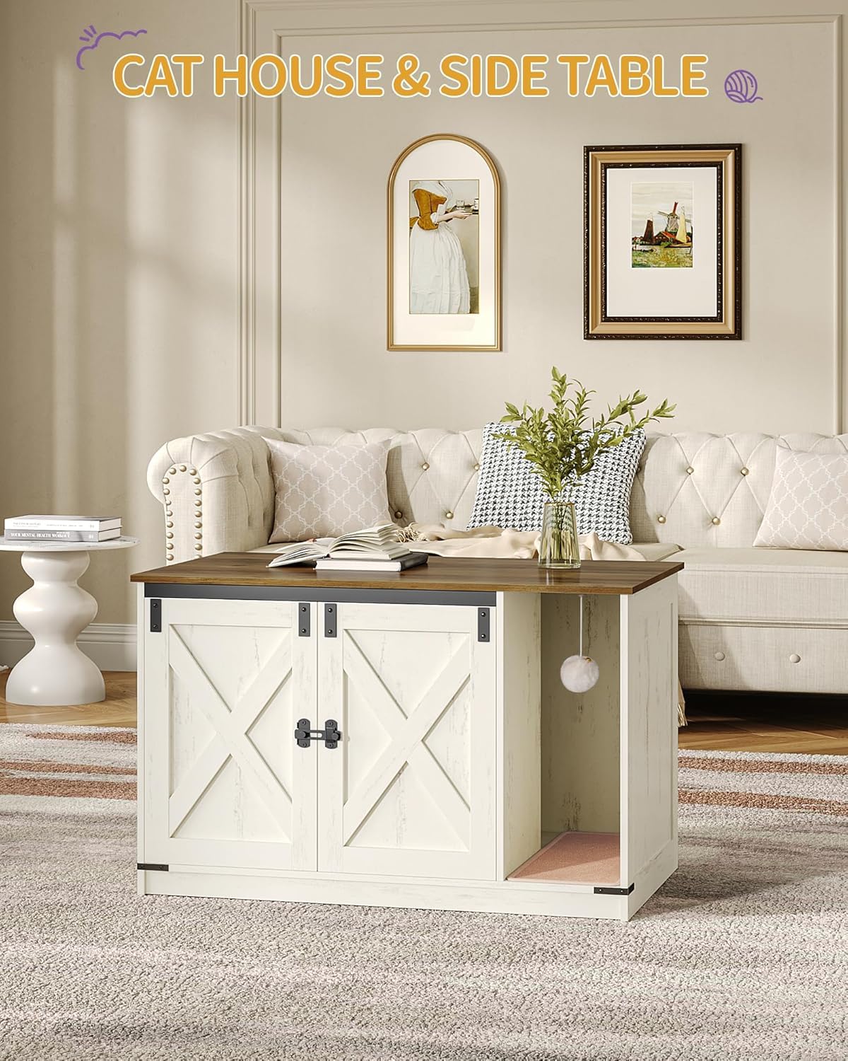 Hzuaneri Cat Litter Box Enclosure, Hidden Litter Box Cabinet Furniture with Bell, Indoor Cats House, Farmhouse Style, 39.4 x 21.7X 24.8 Inches for Hallway, Bedroom, Rustic Brown and White CB85214X Hzuaneri