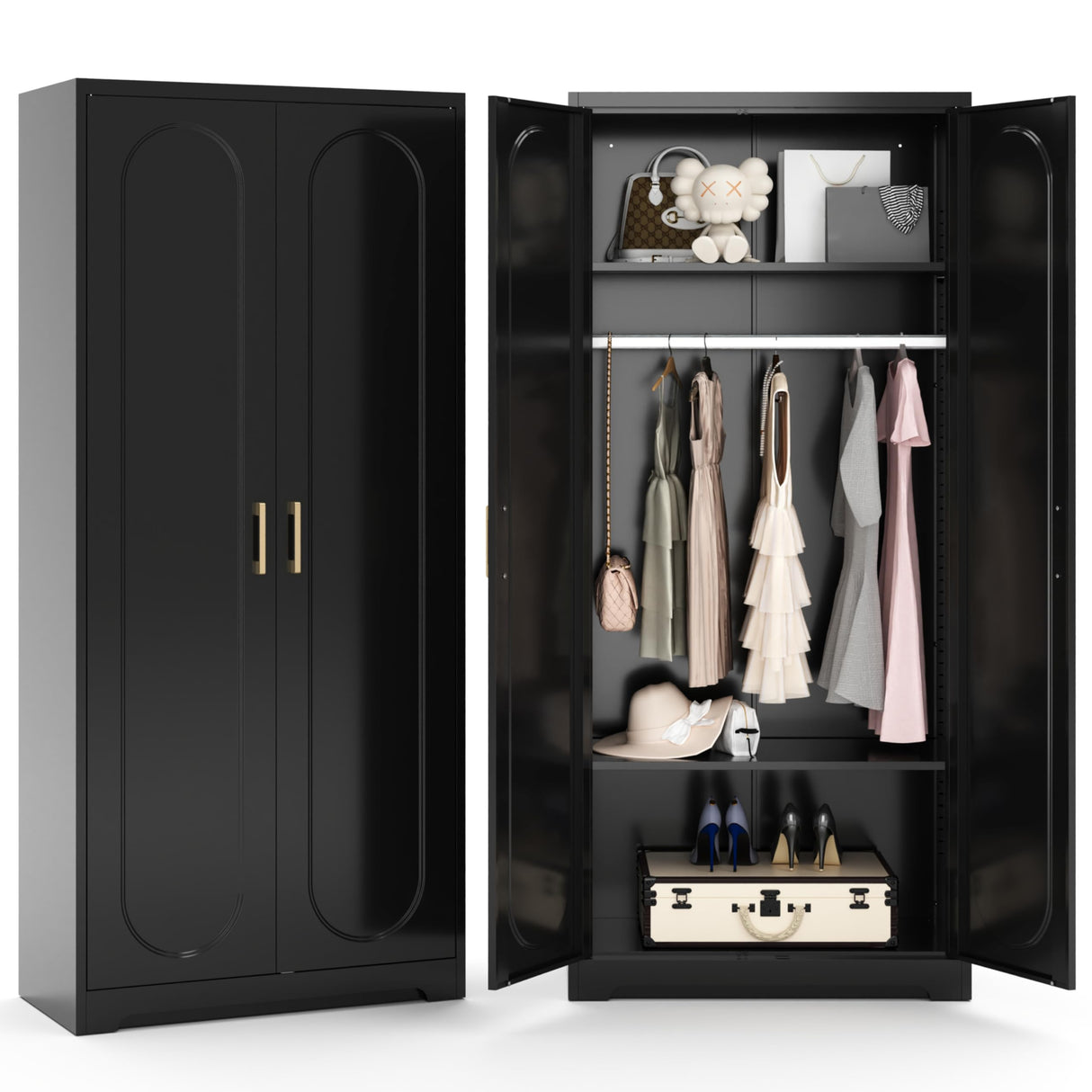 71" Tall Metal Storage Cabinet, Armoire Wardrobe Closet with Hanging Rod, Metal Clothing Storage Cabinets, Black Bedroom Armoires with Adjustable Shelves, Steel Closet Cabinet for Bathroom, Office MetalMax