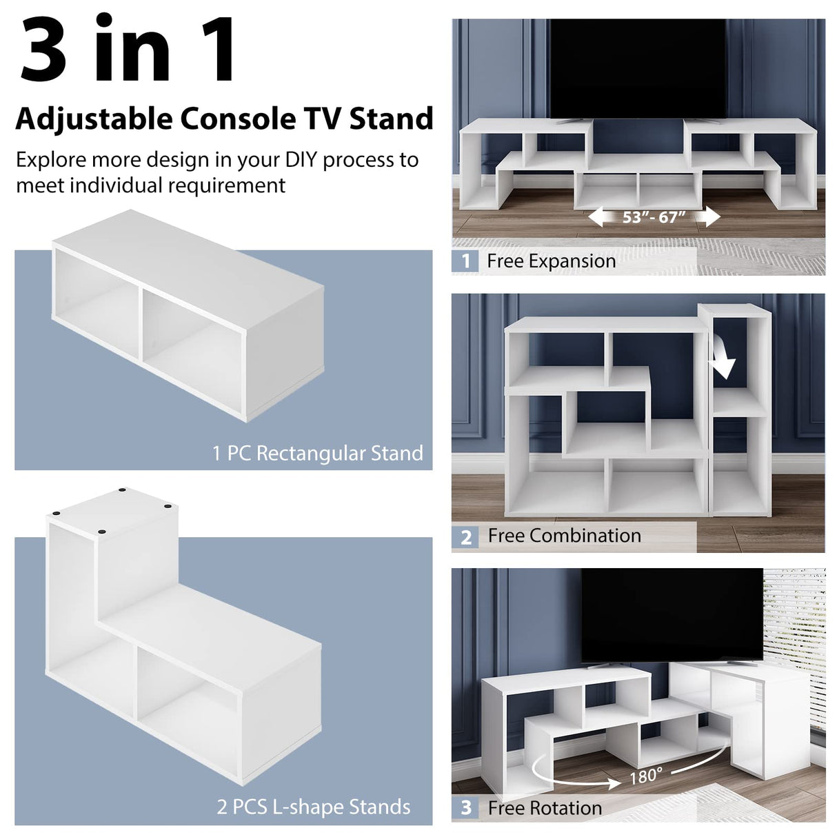 KOTEK TV Stand for 50 55 60 65 Inch TV, 3 Pieces Free Combination Bookshelf Organizer, TV Console Table with Open Storage Shelves, Modern Entertainment Center for Living Room, Bedroom KOTEK