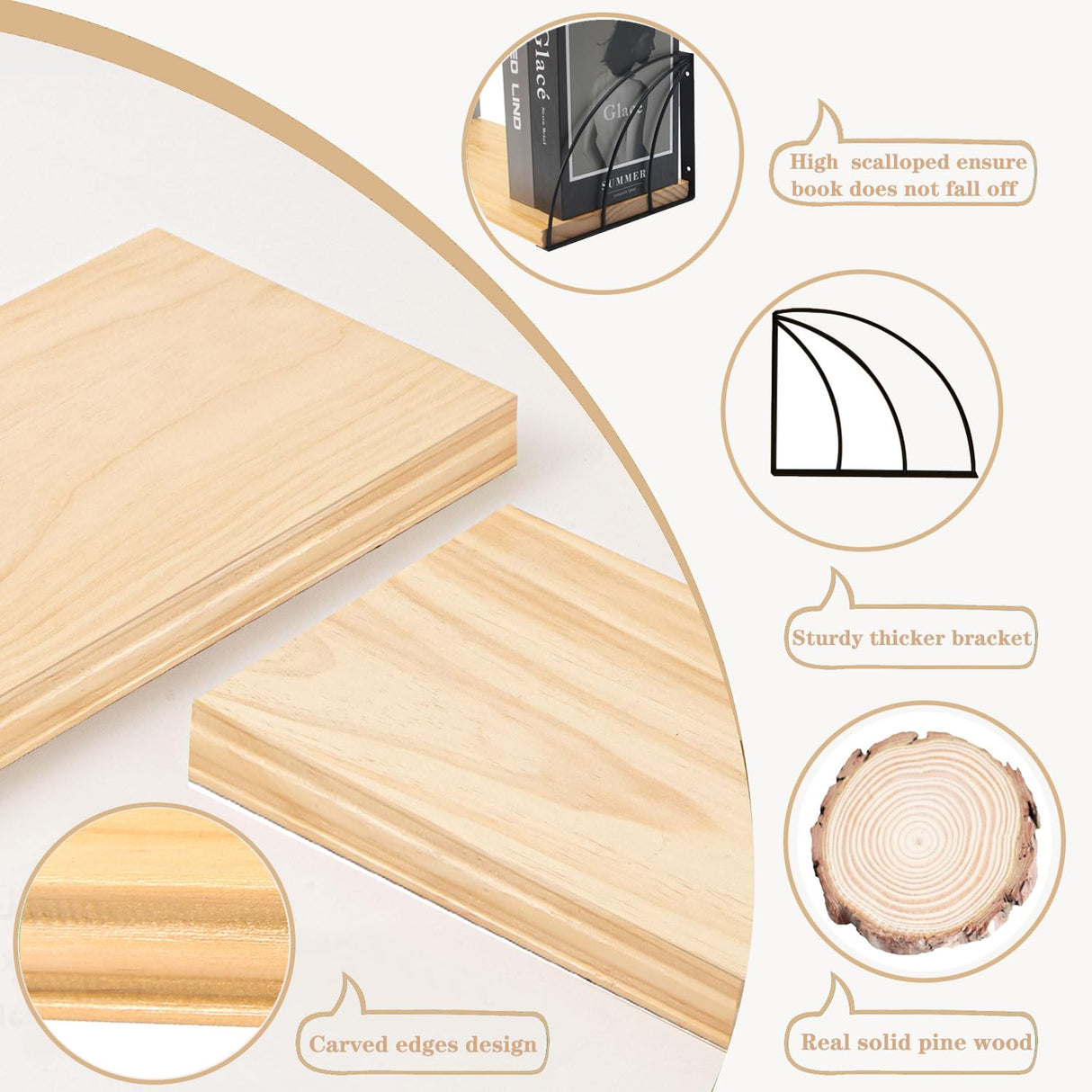 Long 36 inch Wall Bookshelf-Curved Fan-Shaped Design with Built-in Anti-Slip Book Stops|0.71" Thicker Heavy Duty Natural Wood Floating Shelves|Floating Book Shelves for Wall,Home Office Décor Set of 2 KDCMXS